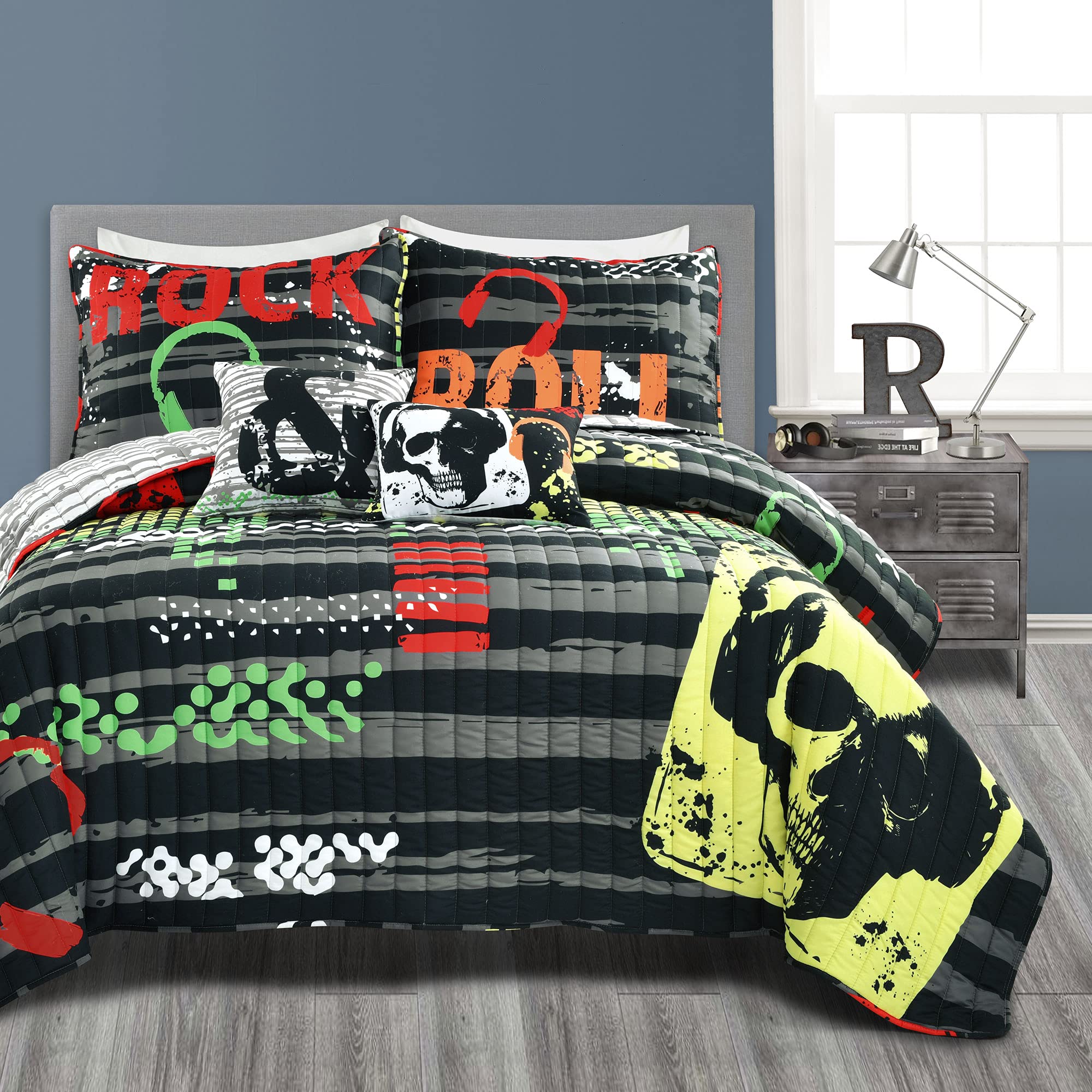 Lush Decor Reversible Quilt Set - Full/Queen, Black - Rock N Roll Style for Bedroom Decor