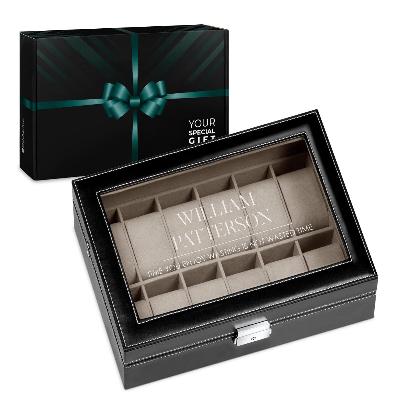 Premium Maverton 12-Slot Watch Organizer with Glass Display - Engraved Luxury Watch Box for Men - Perfect Birthday Gift for Watch Collectors - Elegant Storage & Display Case for Dress Watches, Rolex, Omega Collections - PROVERB
