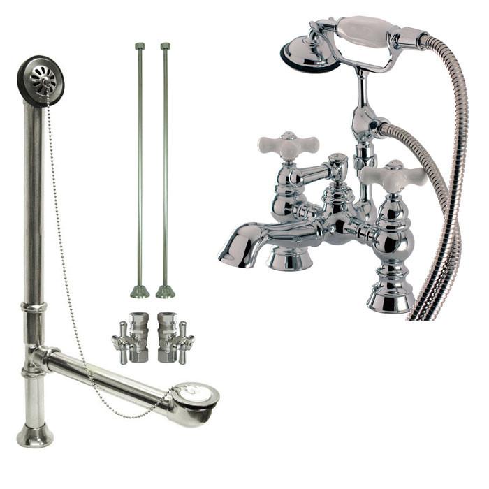 Chrome Deck Mount Clawfoot Bathtub Faucet with Hand Shower and Drain Stops - CC1160T1 System | Perfect for Vintage Bathroom Renovations and Freestanding Tub Installations