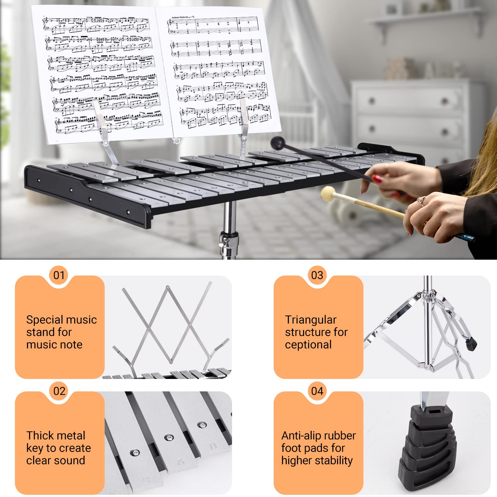32-Key Aluminum Glockenspiel Xylophone with Adjustable Height Stand - Professional Bell Kit for Adults | Includes Music Stand, Mallets & Carrying Bag | Perfect for Music Class, Band Practice & Home Entertainment