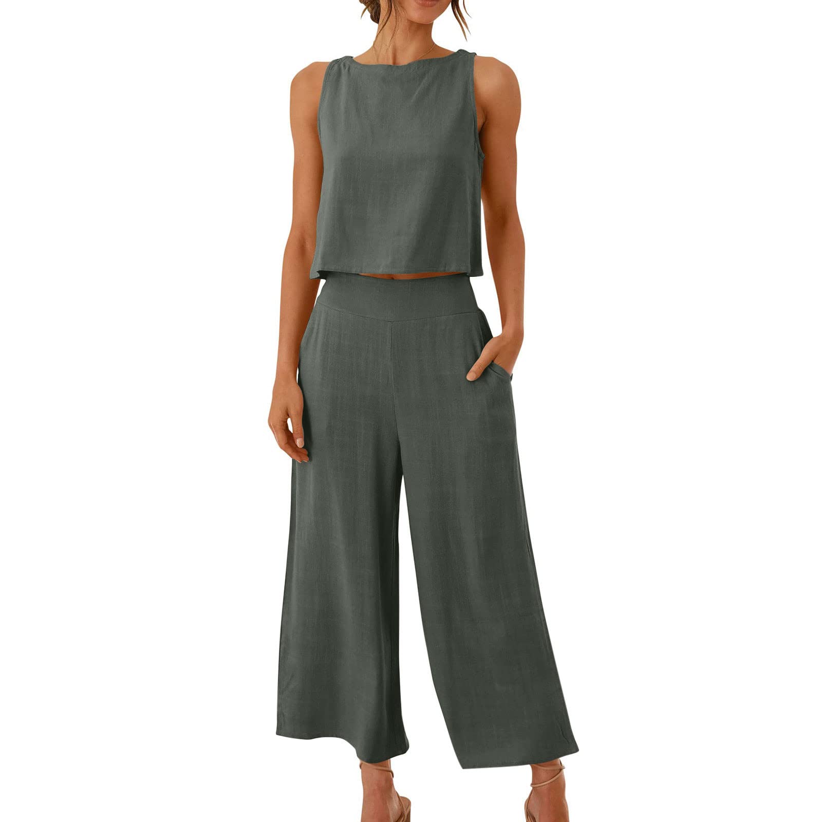 AMhomely Women's 2-Piece Outfit - Sleeveless Cotton Linen Wide Leg Pants Set with Vest Top & Back Buttons | Elegant Ladies' Pants Suit with Pockets | Perfect for Office Wear, Summer Outfits & Casual Occasions