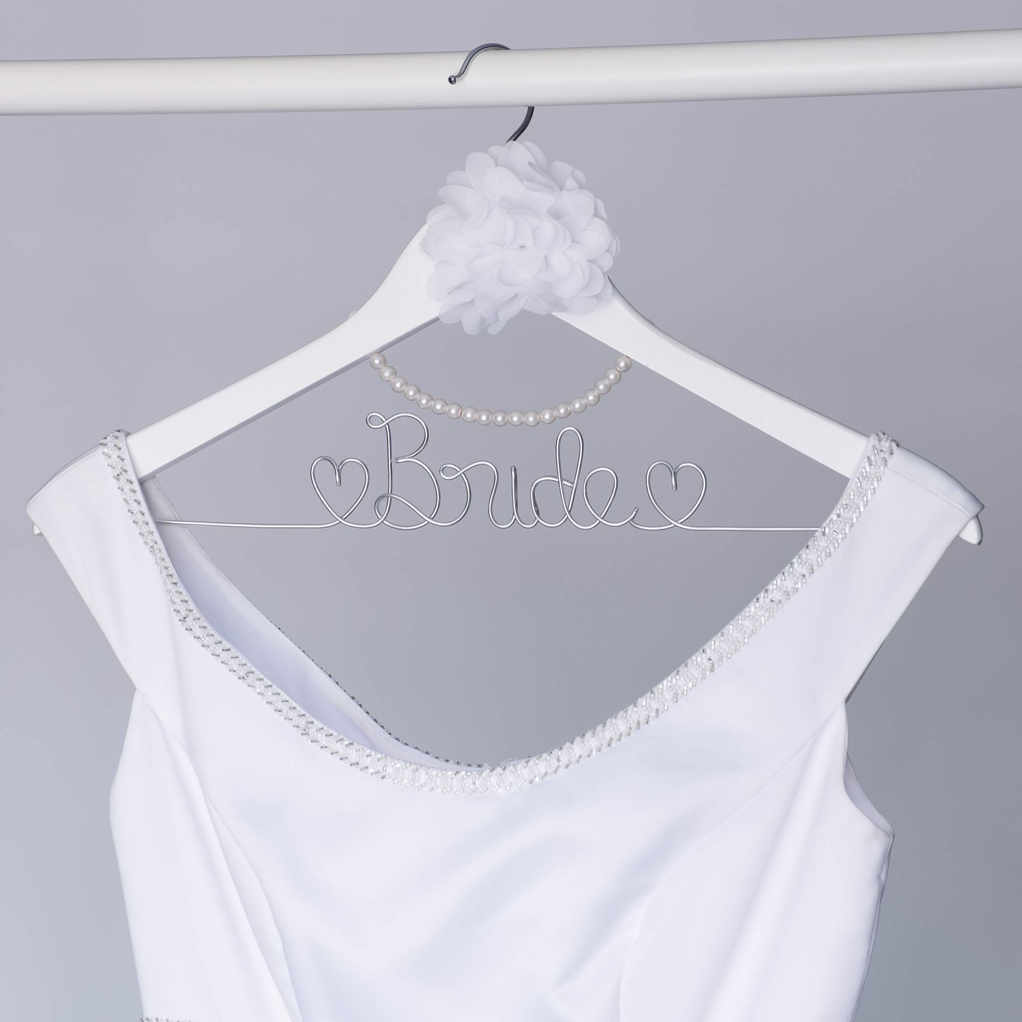Elegant Wooden & Wire Wedding Dress Hanger for Brides - White with Silver Wire & Pearl Accents | Perfect for Bridal Gowns, Dresses & Photo Shoots