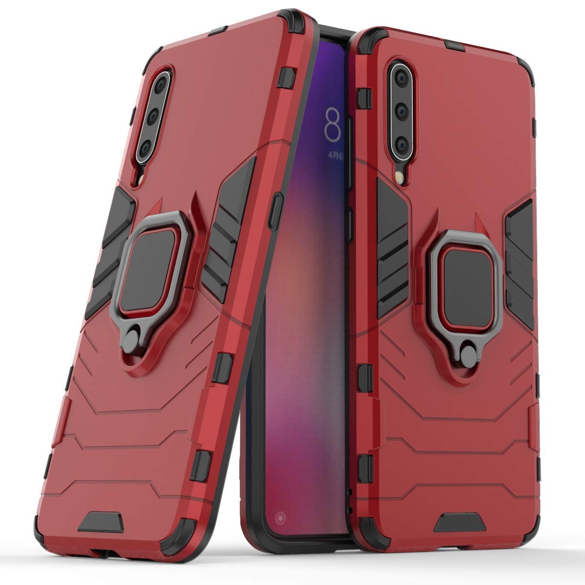 LuluMain Shockproof Hard Bumper Case for Xiaomi Mi 9 - Metal Ring Grip & Kickstand | Compatible with Magnetic Car Mount | Dual Layer Rugged Cover (Red) - Perfect for Daily Protection, Outdoor Activities & Hands-Free Viewing