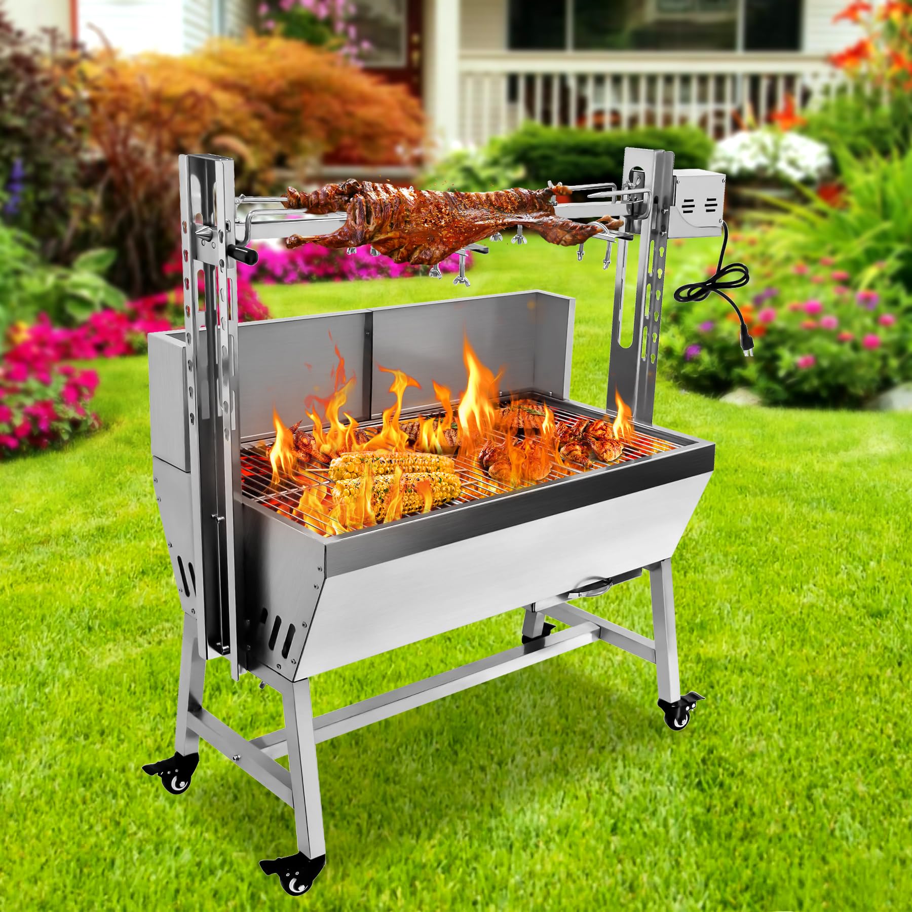 Premium 132LBS Heavy-Duty Charcoal BBQ Rotisserie Grill - Adjustable Height Hog Roaster & Lamb Spit Machine with Baffle for Outdoor Cooking, Camping, Picnics, and Backyard Parties