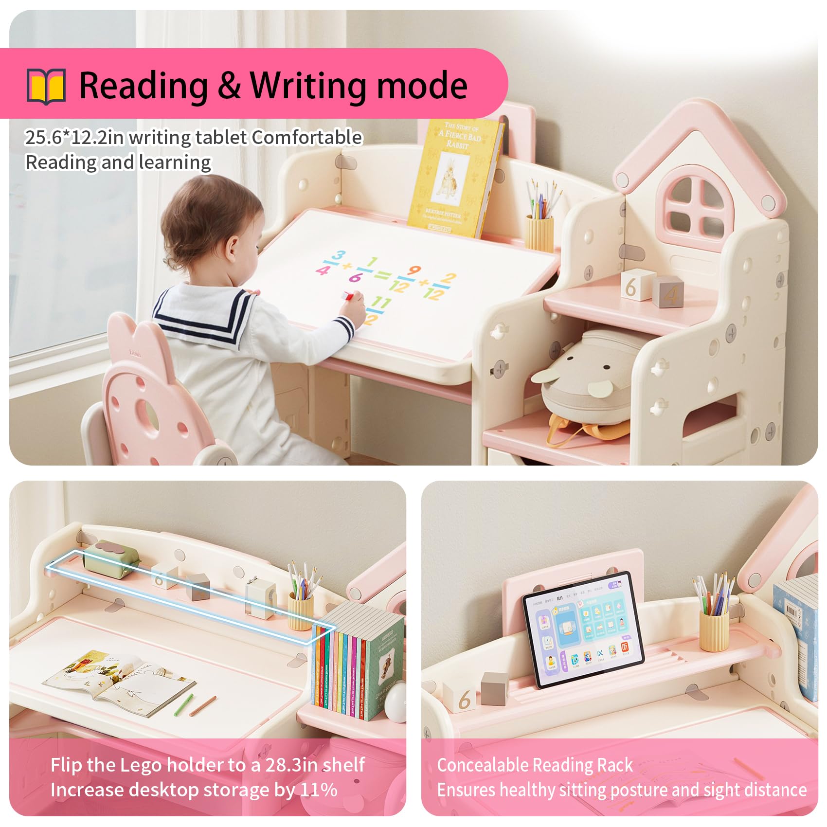 UNICOO Kids 3-in-1 Multifunctional Activity Desk - Adjustable Height Learning & Drawing Table with Chair Set (QB-002-P Pink) | Perfect for Homeschooling, Art Projects & Playroom Organization