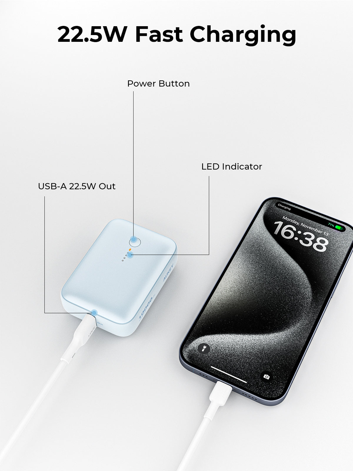 AUKEY PB Y55 Spark Mini 10000mAh Portable Charger - Ultra Compact & Fast Charging Power Bank for iPhone, Samsung, AirPods - Perfect for Travel, Camping & Emergency Backup