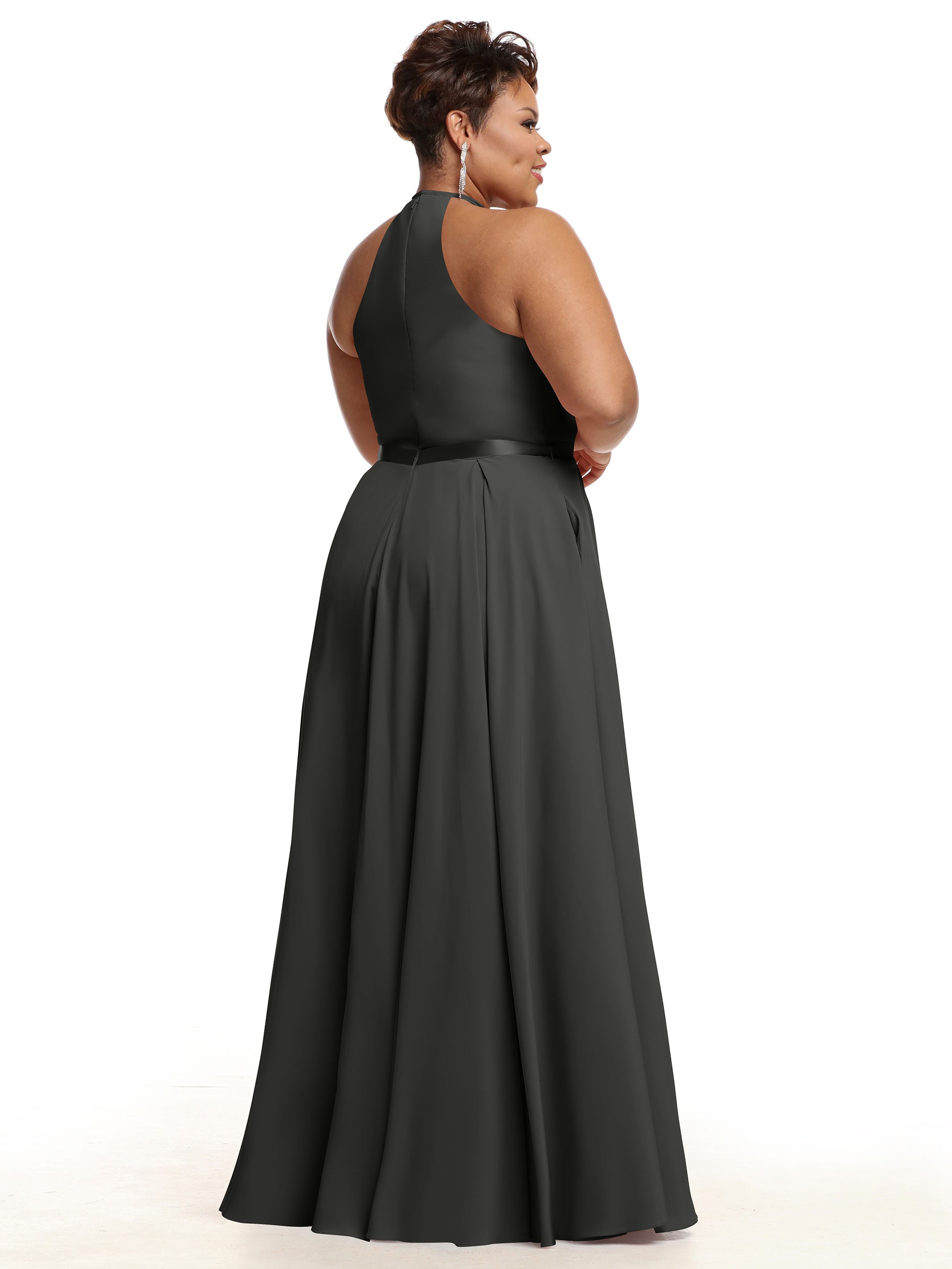 Elegant A-Line Stretch Chiffon Bridesmaid Dress with Halter Neckline & Waist Belt - Perfect for Weddings, Formal Events & Special Occasions