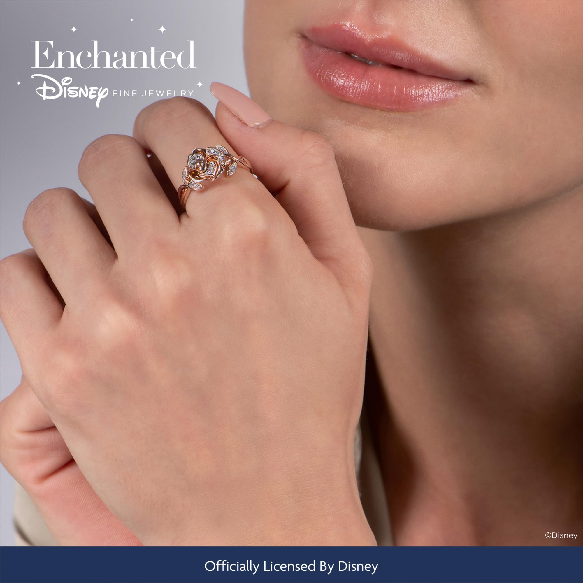 Enchanted Disney Belle Rose Ring - 14K Rose Gold over Sterling Silver with 1/10 Cttw White Round Diamond | Fine Jewelry for Women | Perfect Gift for Disney Fans, Brides & Special Occasions