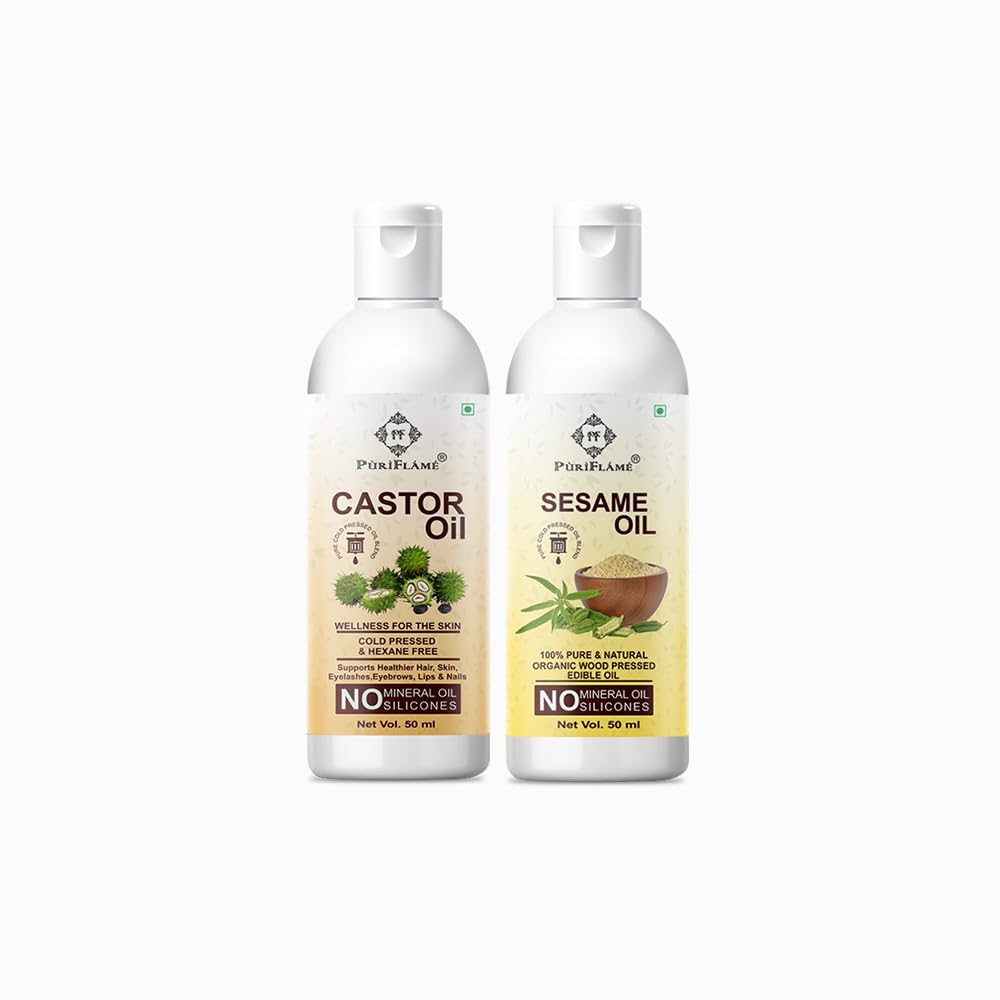 PuriFlame 100% Pure Castor Oil & Sesame Oil Combo (50ML Each) - Natural Hair Growth Treatment for Thicker, Stronger Hair - Reduces Hair Fall & Split Ends - Promotes Soft, Shiny Hair - Perfect for Daily Hair Care & Scalp Massage (Pack of 2)