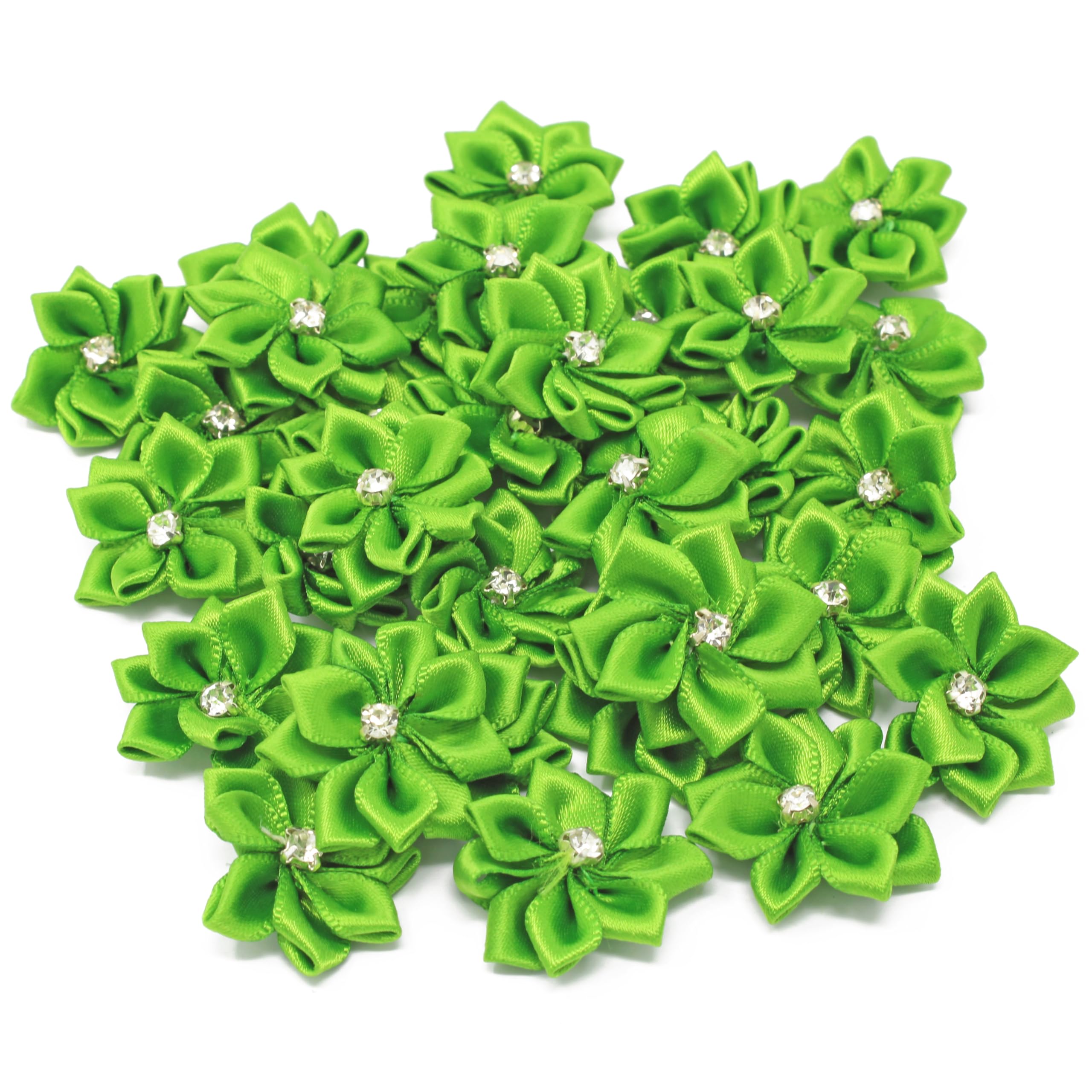 25mm Green Satin Ribbon Flowers with Rhinestone Center - Pack of 25 DIY Craft Flowers for Wedding Decorations, Gift Wrapping, Hair Accessories & Scrapbooking