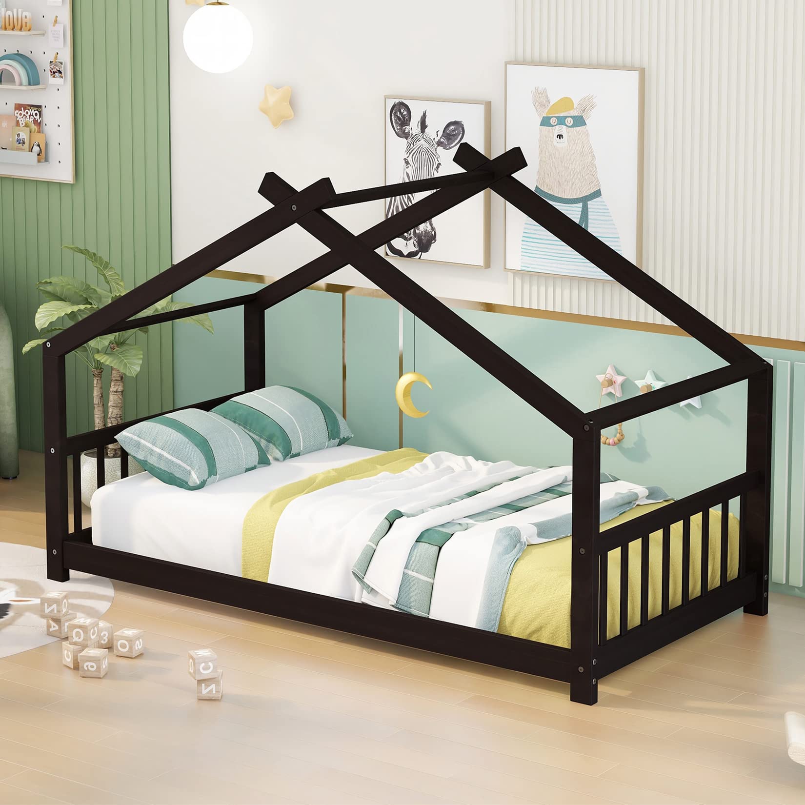 Montessori Twin House Bed Frame for Kids - Wooden Platform Bed with Headboard & Footboard - Espresso Finish - Perfect for Boys, Girls & Teens Bedroom Decor - Ideal for Montessori Rooms, Playrooms & Kids' Bedrooms