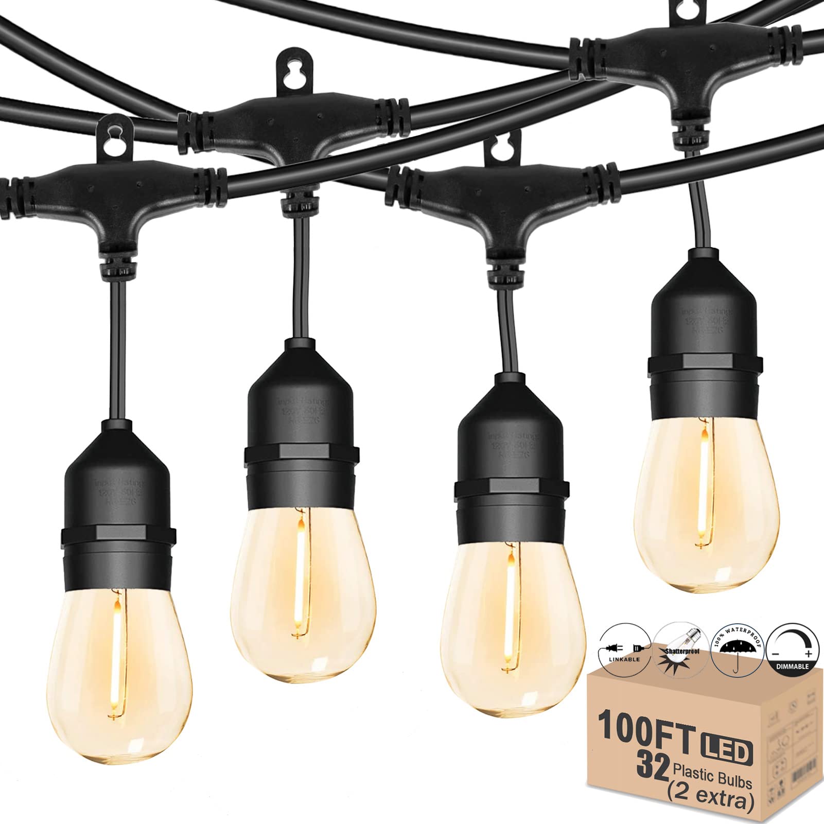 100FT Outdoor Patio String Lights - Waterproof IP65 Heavy Duty Connectable LED Lights for Yard, Garden & Backyard - 30+2 Shatterproof 2200K Warm White Bulbs - Perfect for Parties, Weddings & Outdoor Decor