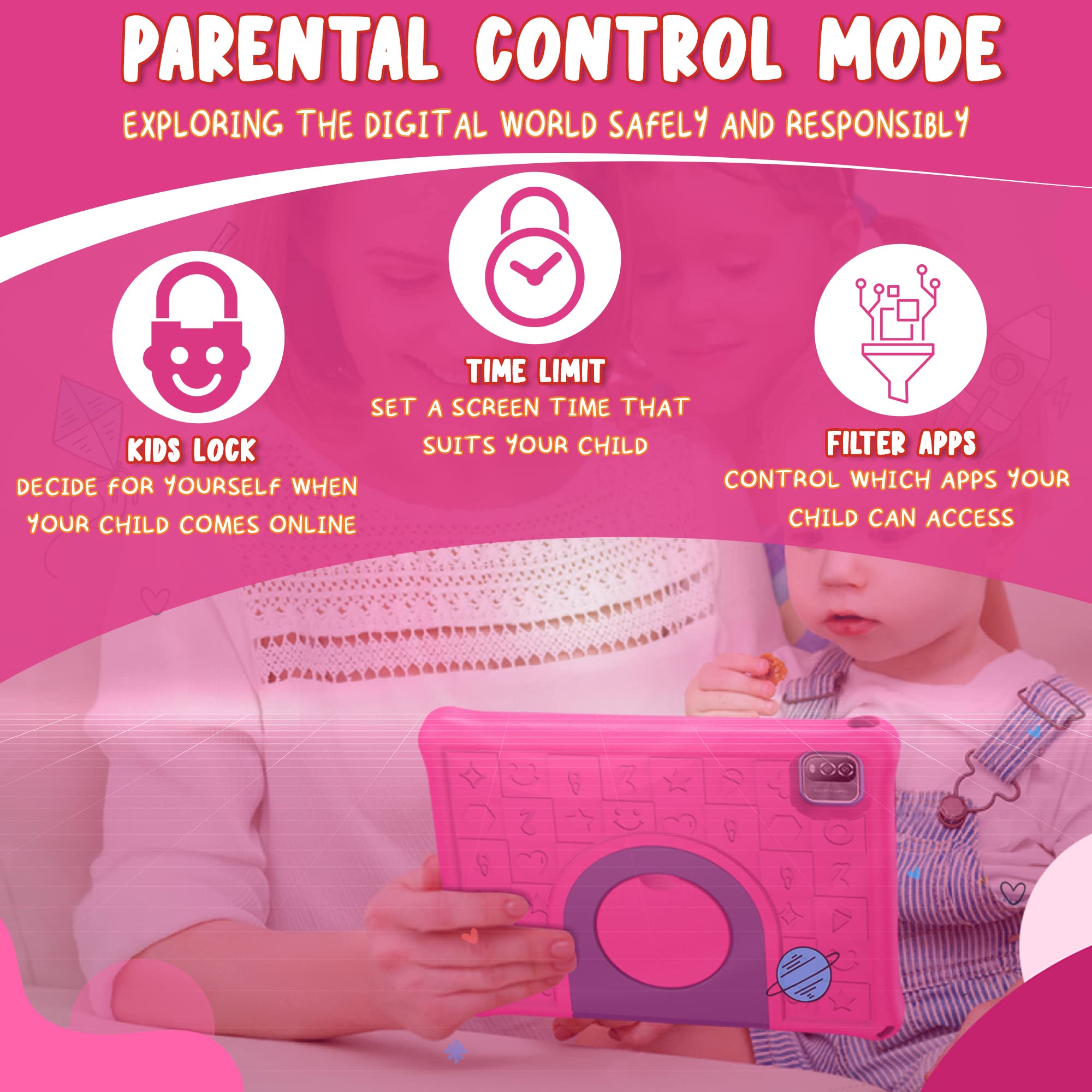 CosmoToys® Kids Tablet with Parental Control - Android 12, 6000mAh Battery, Includes Car Storage Cover & Tablet Holder - Educational Learning Tablet for Toddlers & Children (Pink) - Perfect for Road Trips, Homeschooling & Entertainment