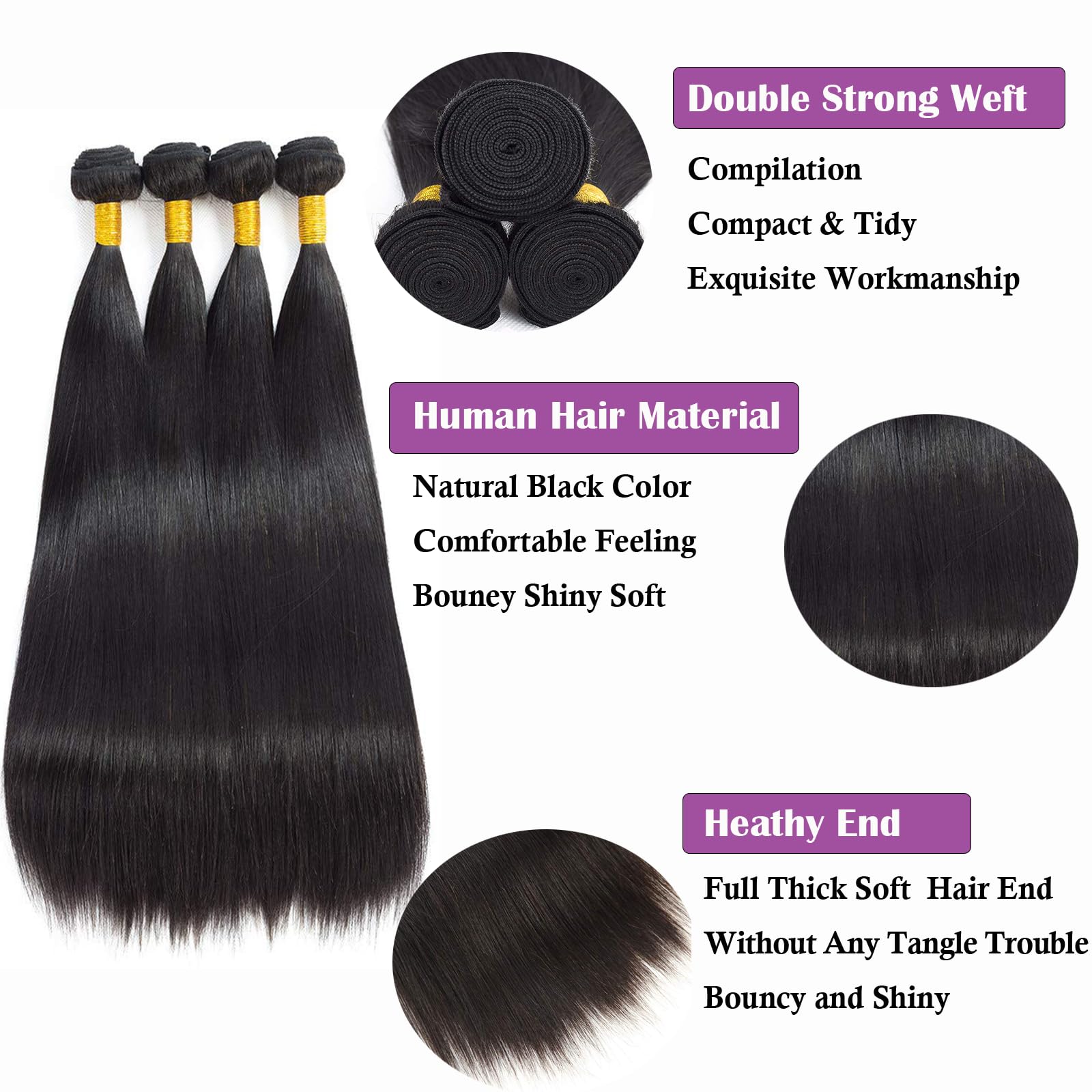 12A Brazilian Straight Human Hair Bundles 28 30 32 Inch - 100% Unprocessed Virgin Hair Weave - 3 Bundles Natural Black Color for Sew-in, Clip-in Extensions & Styling