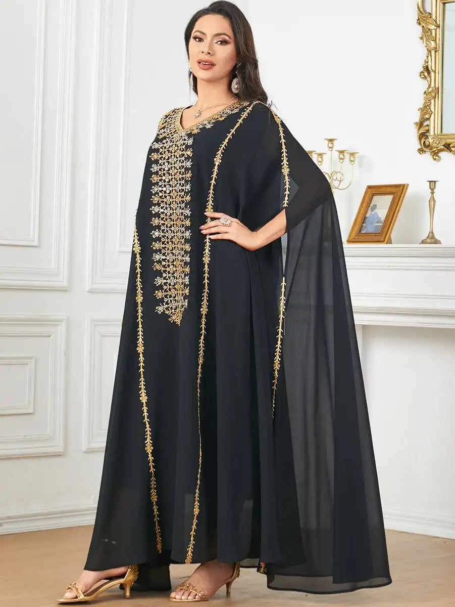 Elegant Eid Caftan Dress for Muslim Women - Flowy Chiffon Embroidery Maxi Dress - Perfect for Eid Celebrations, Weddings & Special Occasions