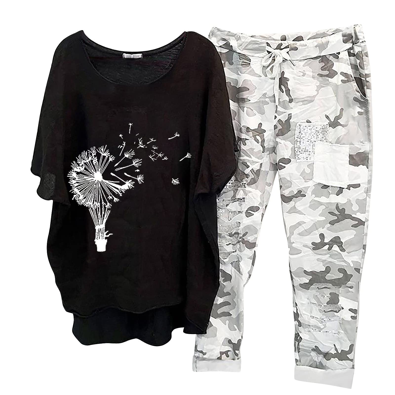 Trendy Women's 2 Piece Outfits Summer 2023 - Camouflage Print Short Sleeve T-Shirt & Cotton Linen Sweatpants Set, Plus Size Loose Capri Pants Outfit for Casual Wear, Street Fashion & Vacation
