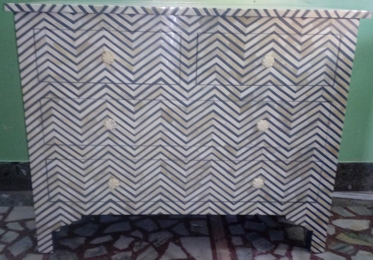 Handmade Bone Inlay Grey Chevron Pattern 4-Drawer Chest - Stylish Storage for Bedroom, Living Room & Office Décor