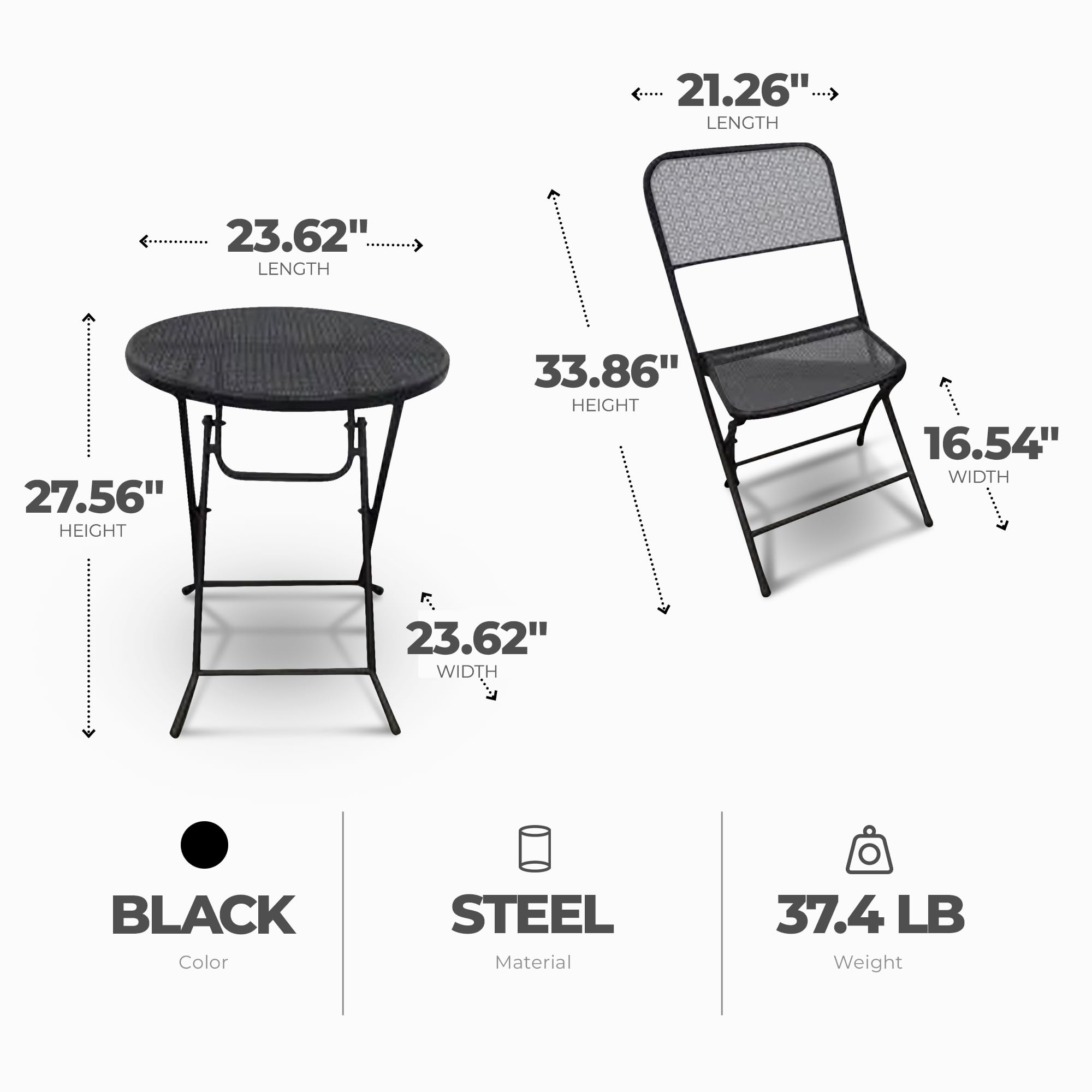 Padova 3-Piece Outdoor Bistro Set with 2 Folding Chairs & Round Table - Black Patio Furniture for Backyard, Deck or Garden Dining | Perfect for Small Spaces & Outdoor Entertaining