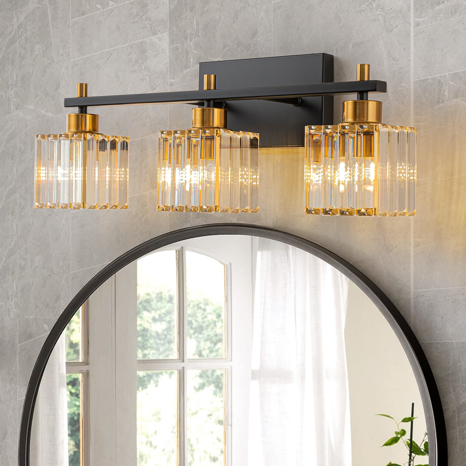 Glowlings 3/4/5 Light Black Gold Square Crystal Bathroom Vanity Light Fixture - Elegant Mirror Lighting for Bathroom, Powder Room & Dressing Area