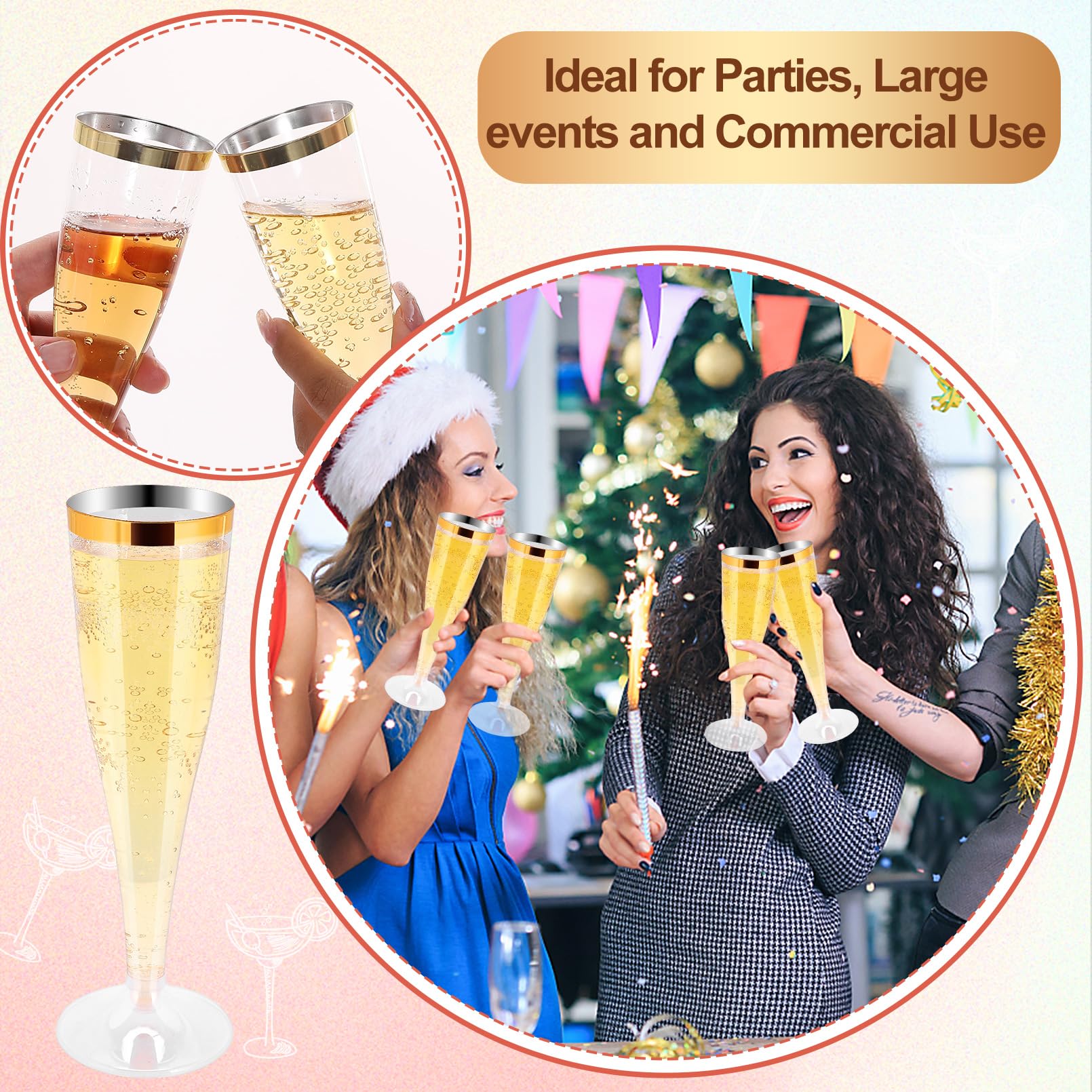 50 Pack Gold Rim Disposable Plastic Champagne Flutes - 4.5 Oz Clear Mimosa Glasses for Wedding, Party & Special Events - Elegant Toasting Cups for Celebrations, Bridal Showers & New Year's Eve