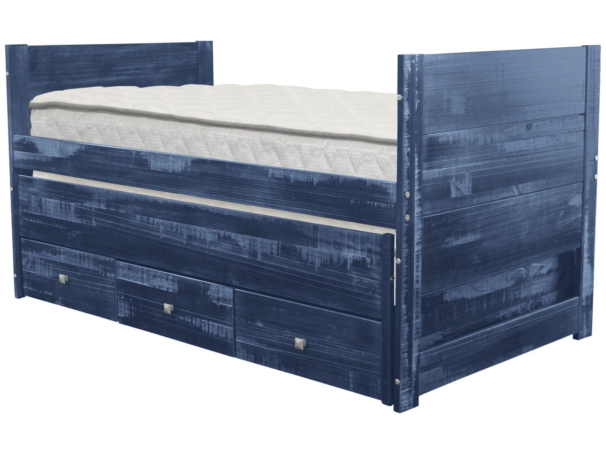 Bedz King All-in-One Twin Bed with Twin Trundle & 3 Built-In Drawers in Weathered Blue - Perfect for Kids' Rooms, Guest Bedrooms & Small Space Living