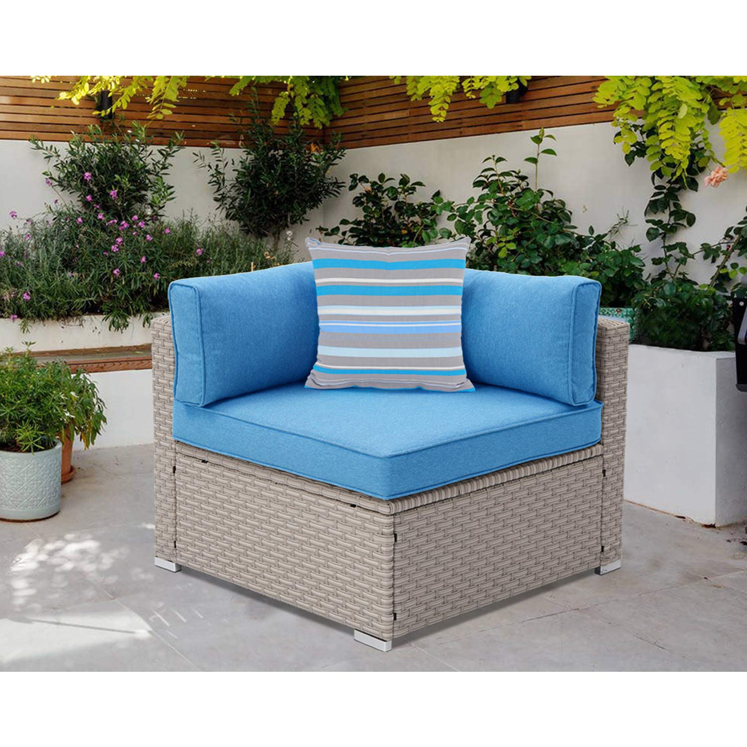 Sunbury Right Corner Patio Sectional Sofa Chair with Blue Wicker Armchair & Psychedelic Pillow – Elegant Outdoor Furniture for Backyard, Garden, Porch | Perfect for Lounging, Entertaining & Relaxing in Your Outdoor Space