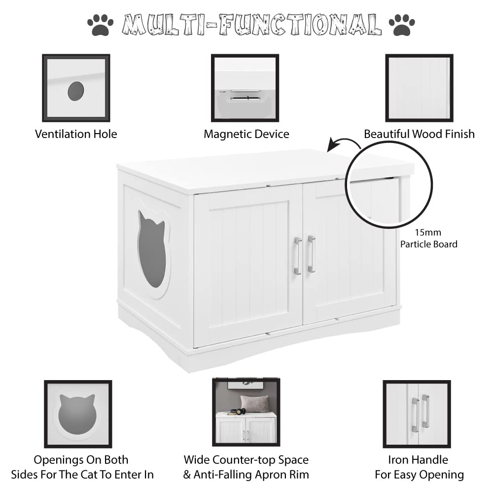 Stylish Cat Washroom Storage Bench - Litter Box Enclosure Furniture with Table | Spacious Hidden Storage | Easy to Assemble | Fits Most Litter Boxes | Modern White Design | Perfect for Small Spaces & Home Decor