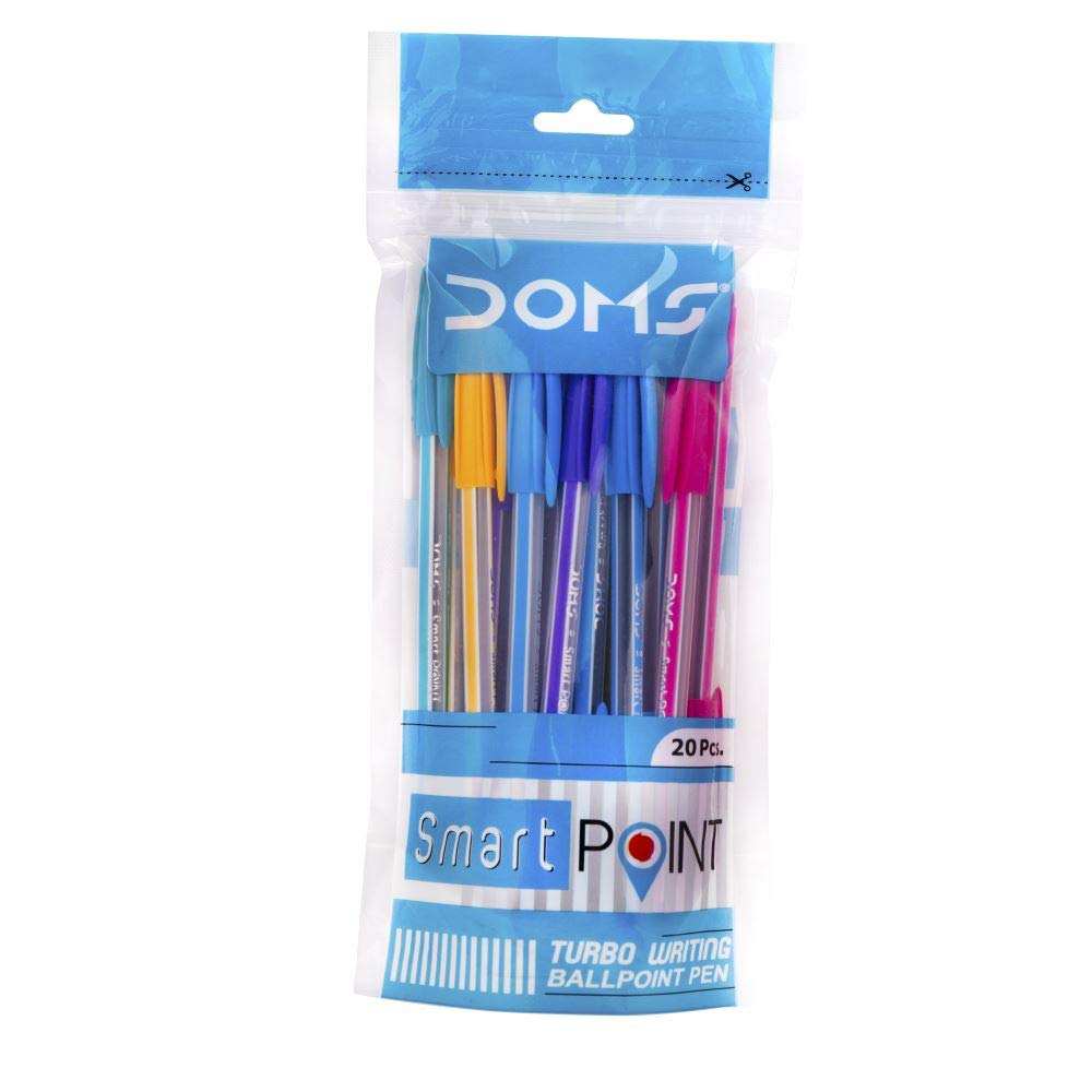 DOMS Smart Point Ball Pen - 20 Pack Blue Ink Pens with Pouch for School, Office & Note Taking