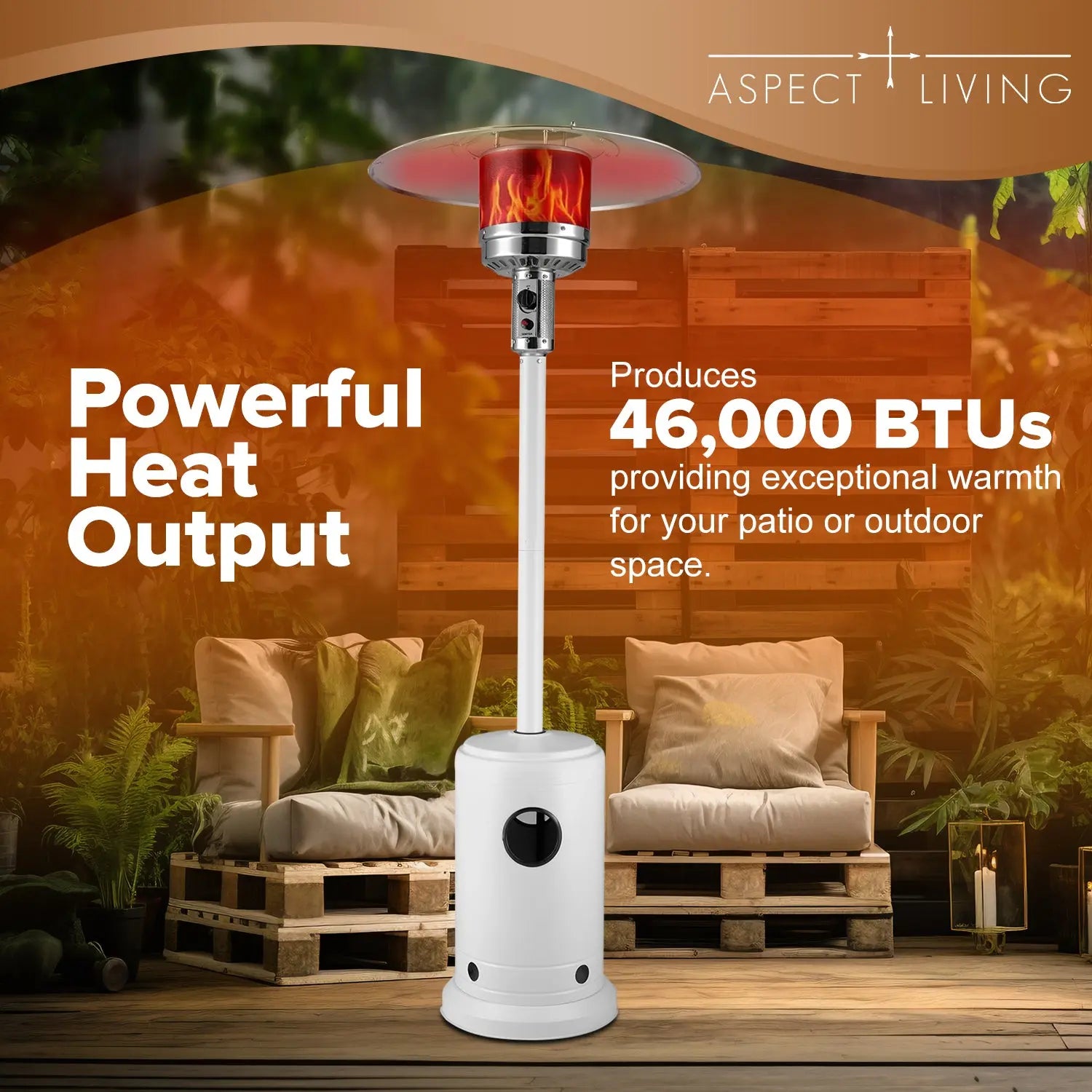 67132 Matte White Finish Patio Heater with Wheels - 46,000 BTU Outdoor Propane Heater with Electronic Ignition - Portable Patio Heater for Backyard, Deck, Garden, and Outdoor Dining Areas