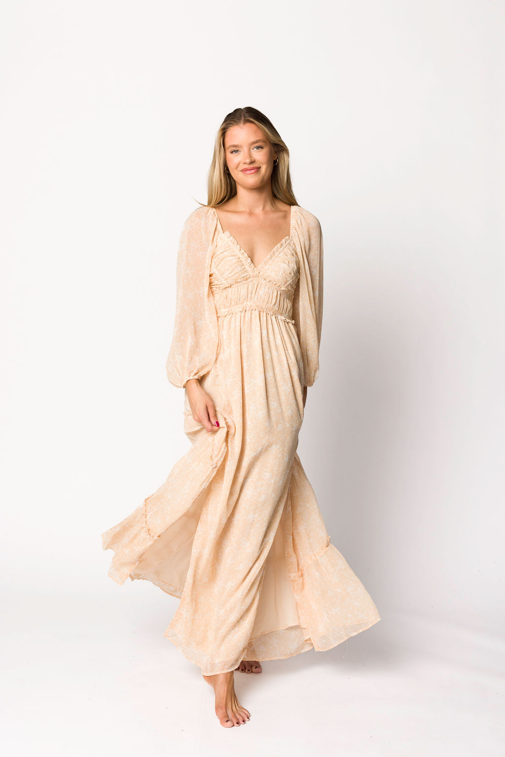 Daphne Long Sleeve Maxi Dress - Light Beige/White Floral Print | Bump Friendly Maternity & Inclusive Sizing (XS-3XL) | Perfect for Pregnancy, Weddings & Special Occasions