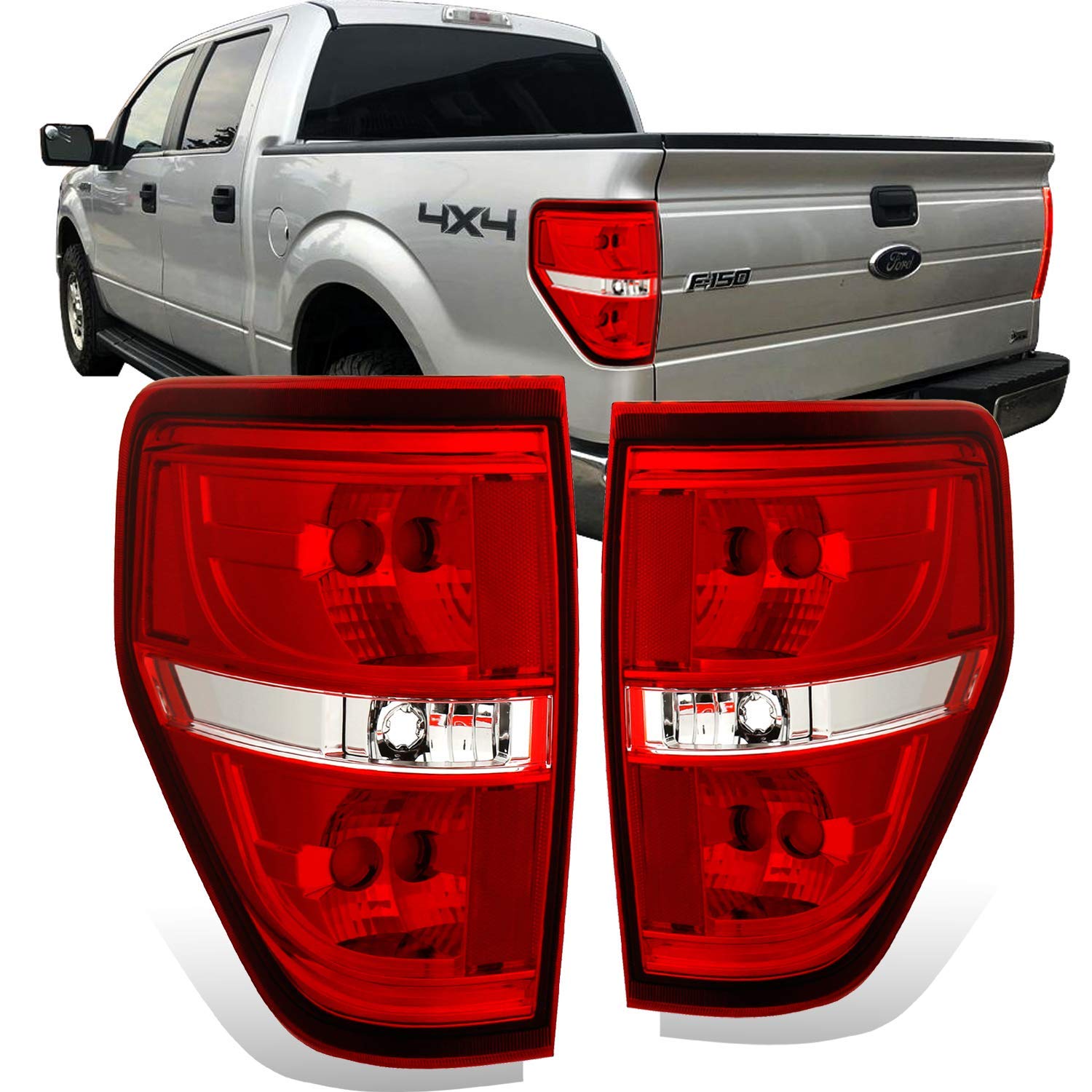AmeriLite Red/Clear Brake Rear Direct OE Replacement Tail Lights for 2009-2014 Ford F150 F-150 - Passenger & Driver Side - Upgrade Your Truck's Style & Safety for Night Driving & Towing