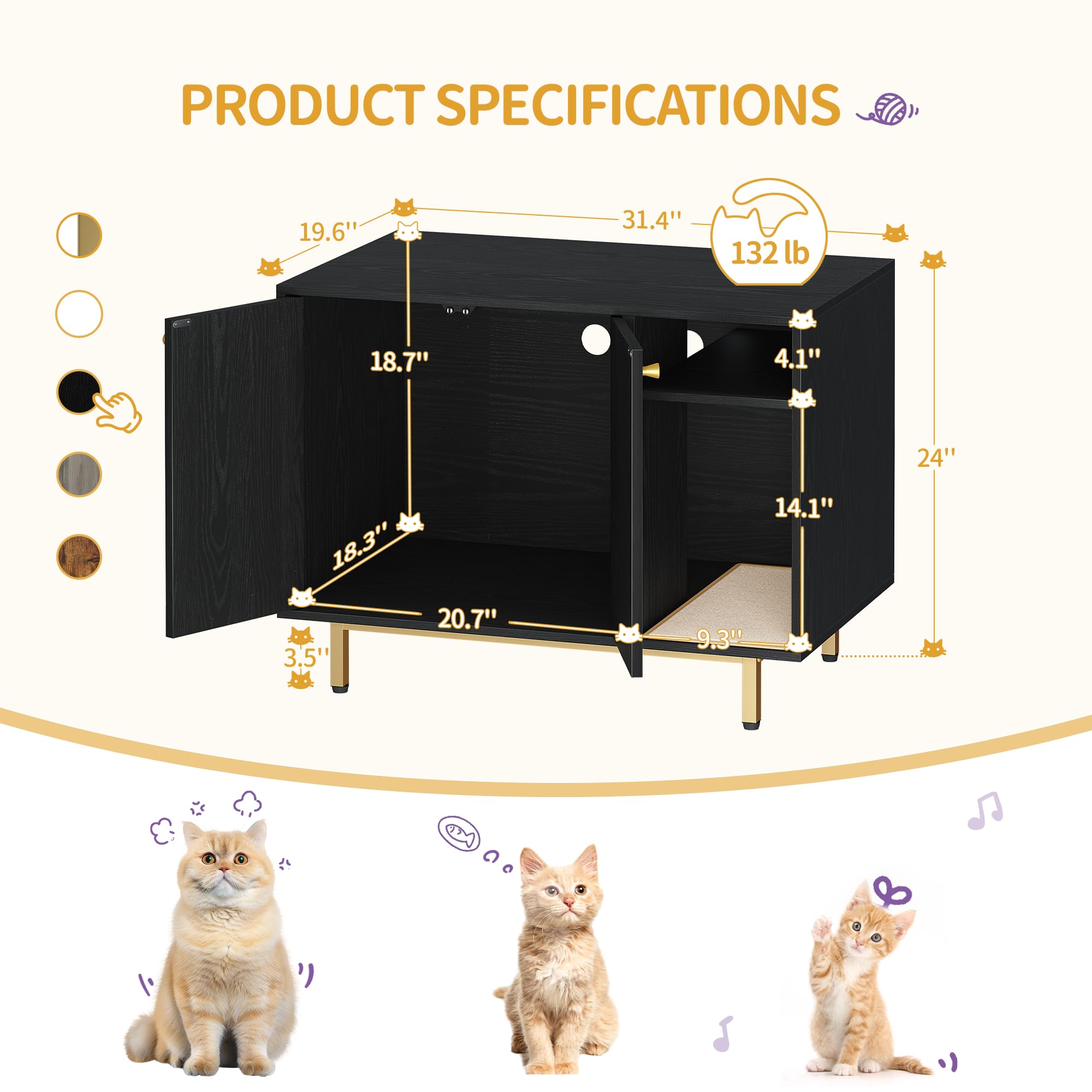 Hidden Cat Litter Box Furniture Enclosure - Wooden Pet House Side Table with Storage Cabinet, Modern Living Room & Bedroom Bench (31.5