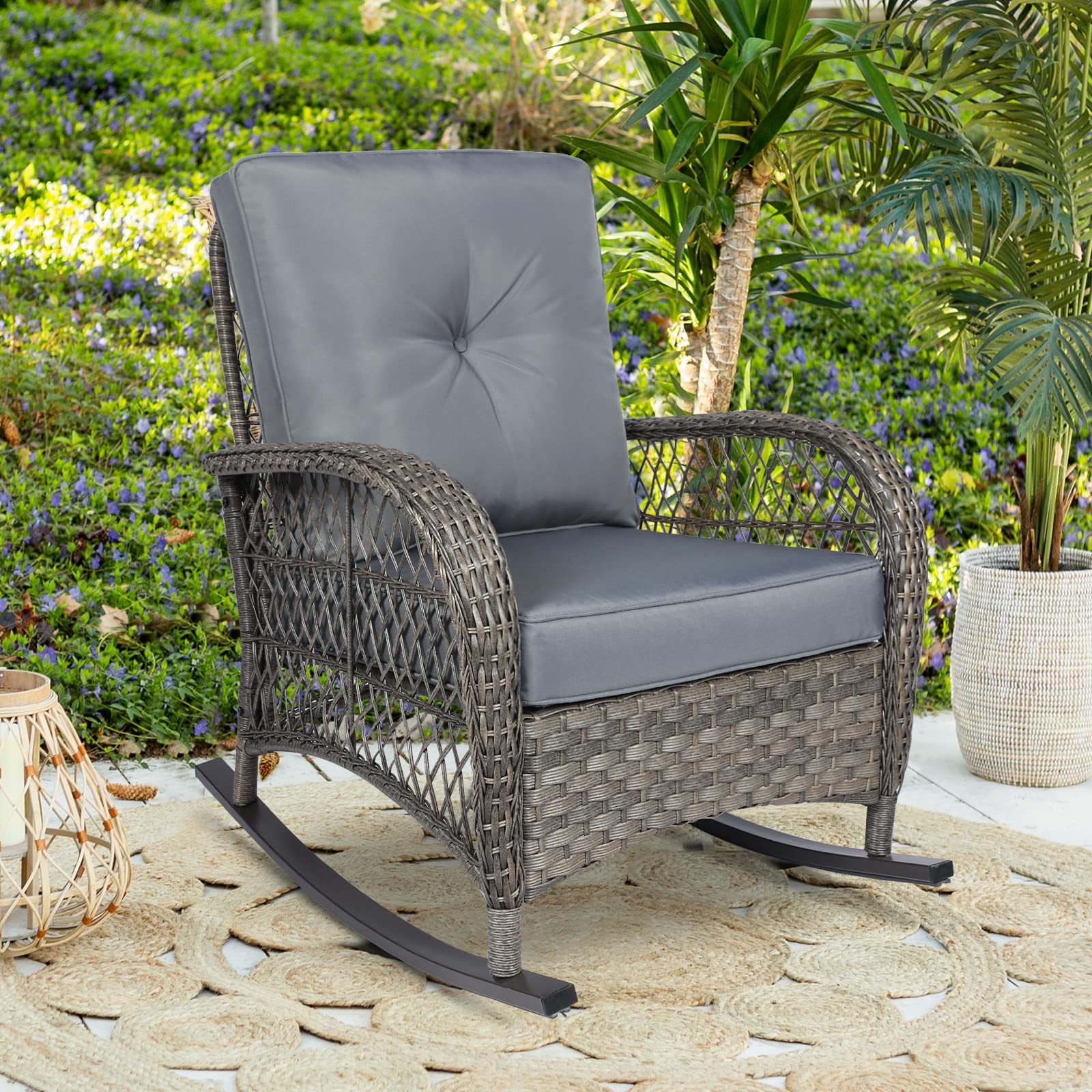 All-Weather Outdoor Wicker Rocking Chair with Thickened Cushions - Durable Rattan Patio Rocker for Porch, Garden & Backyard (Gray) - Perfect for Relaxing, Reading & Enjoying Nature