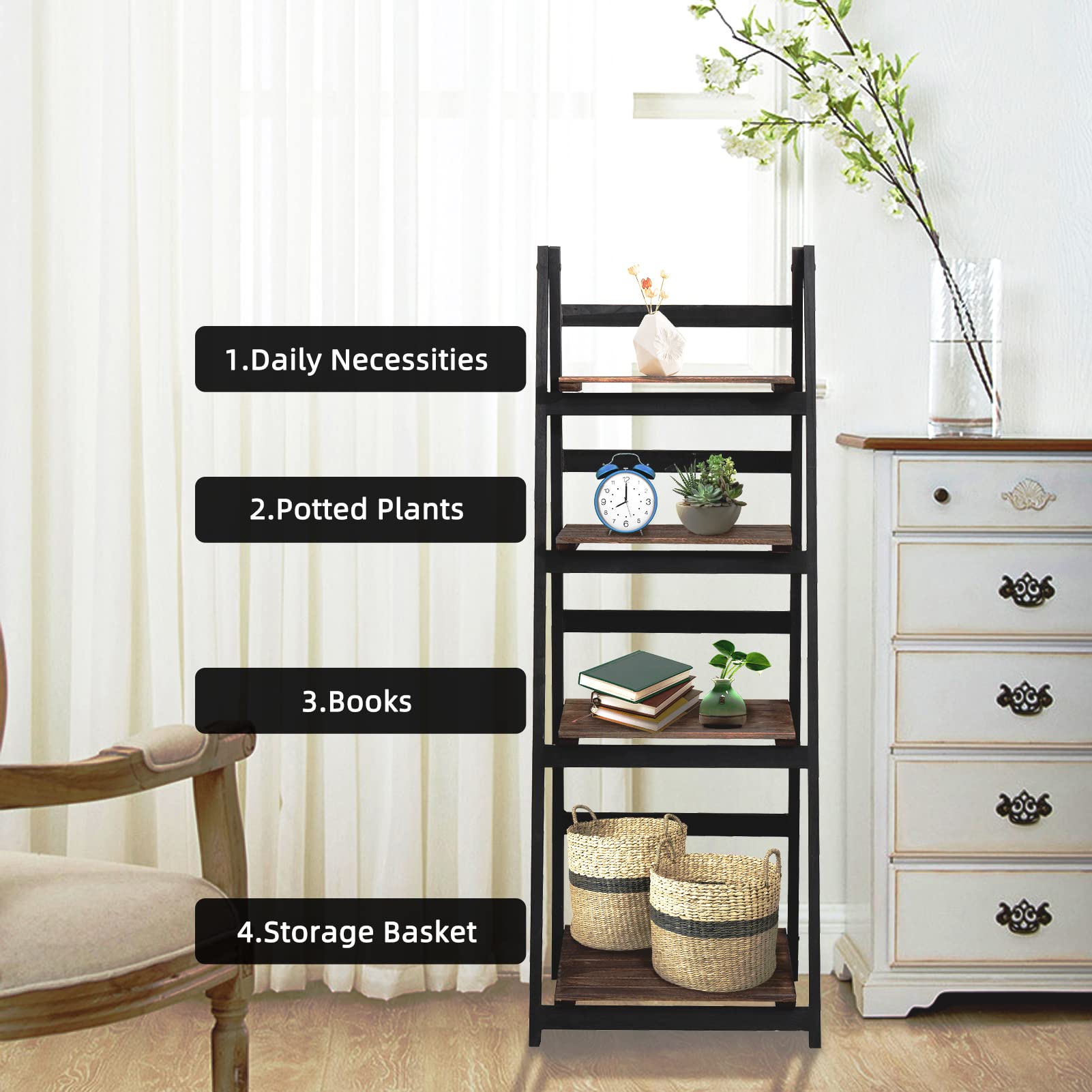 ECOMEX 4-Tier Wooden Ladder Shelf - Foldable Plant Stand with Open Storage, Space-Saving Organizer for Home, Office & Balcony (Black/Brown, No Assembly Required) | Perfect for Displaying Plants, Books & Decorative Items in Small Spaces