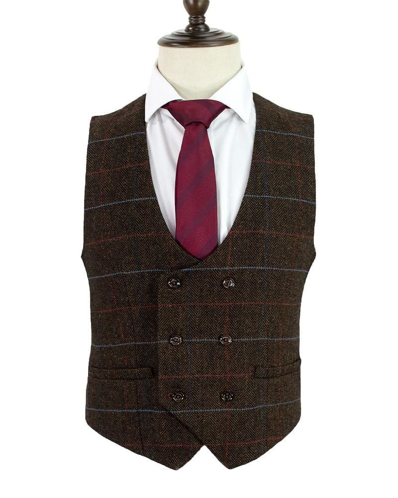 Stylish Cavani Tommy Brown Check Tweed Waistcoat Vest for Men - Perfect for Weddings, Business Meetings & Formal Occasions