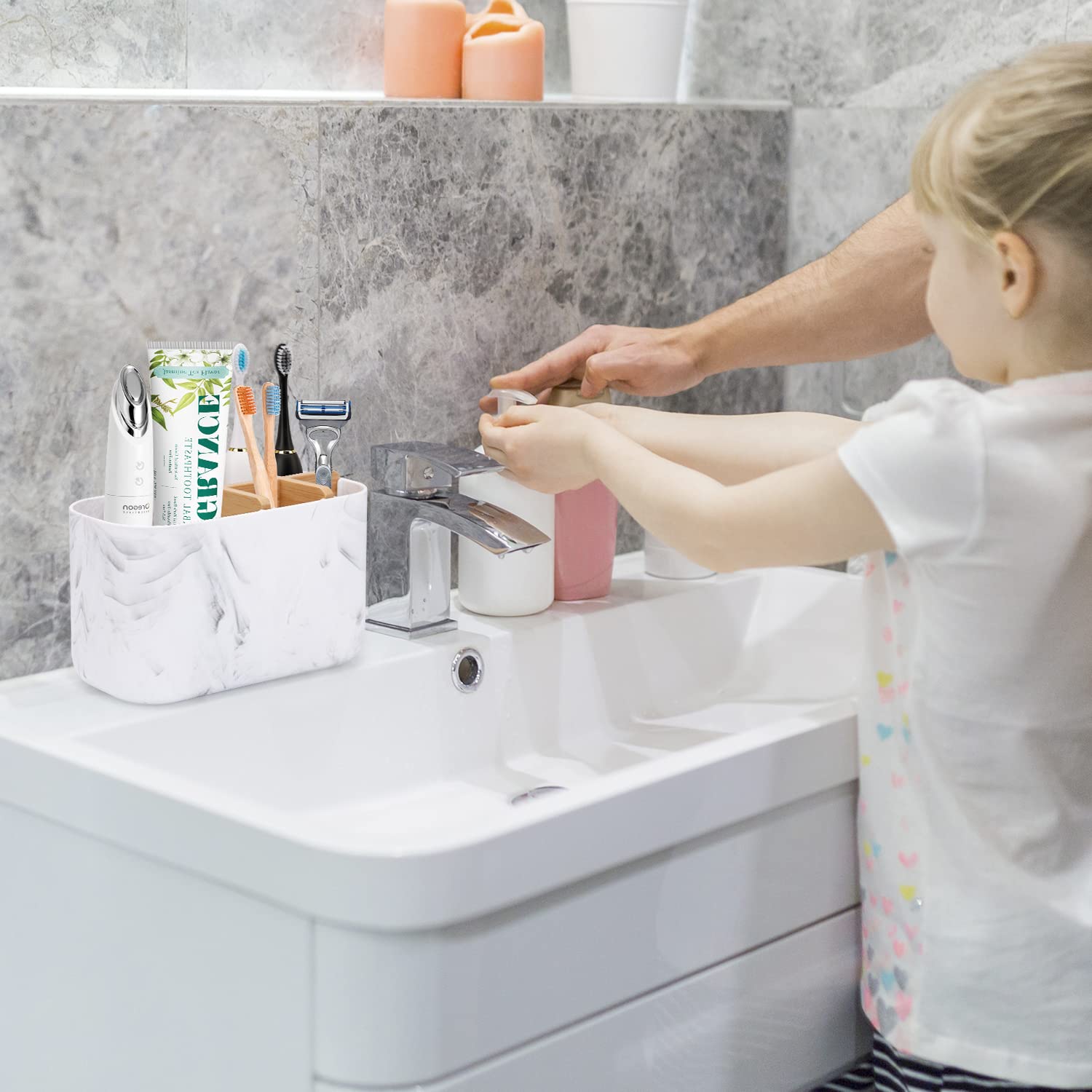CHONLY Bamboo Toothbrush Holder for Bathroom - 5 Slot Organizer for Electric & Manual Toothbrushes - Kids & Family Toothpaste Storage Caddy - White - Perfect for Countertop, Vanity & Travel Bathroom Organization
