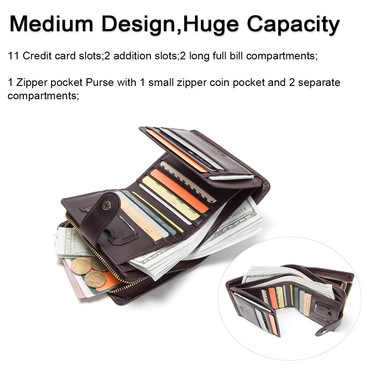Genuine Leather Women's Zipper Coin Card Holder Clutch Wallet - Dark Coffee | Compact & Stylish for Everyday Use, Travel, and Gift Giving