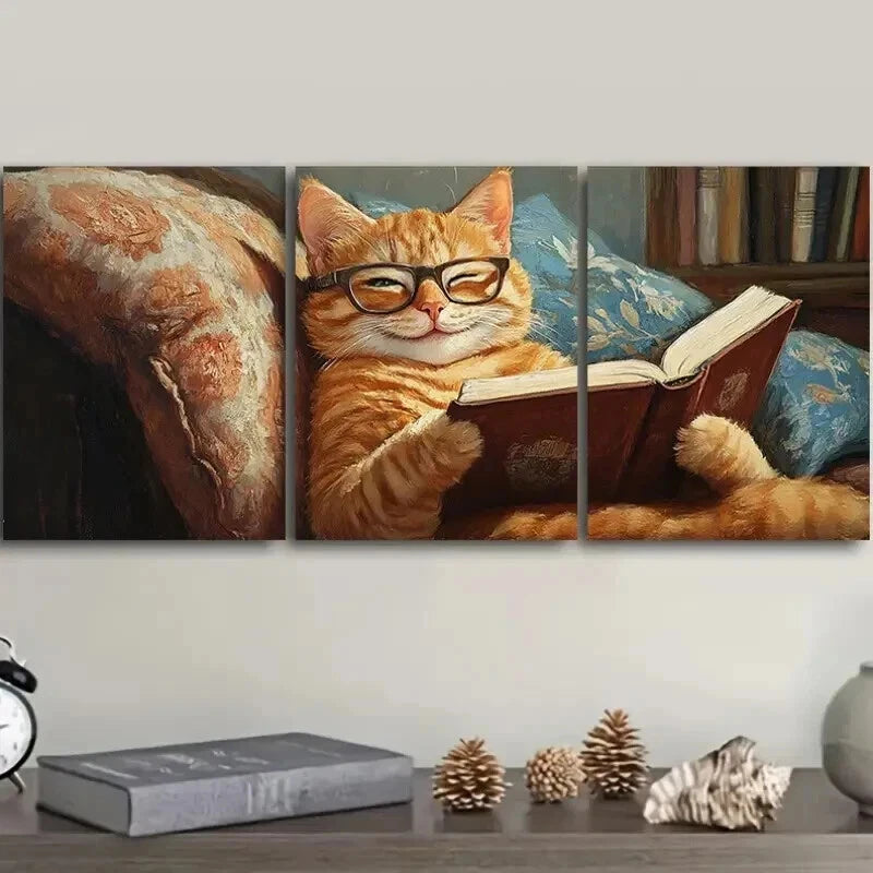 3-Piece 'A Cat Reading on the Couch' Framed Wall Art Set - 50x70cm High Quality Canvas Print | 100% Australian Made | Ready to Hang | Perfect for Living Room, Bedroom & Office Decor