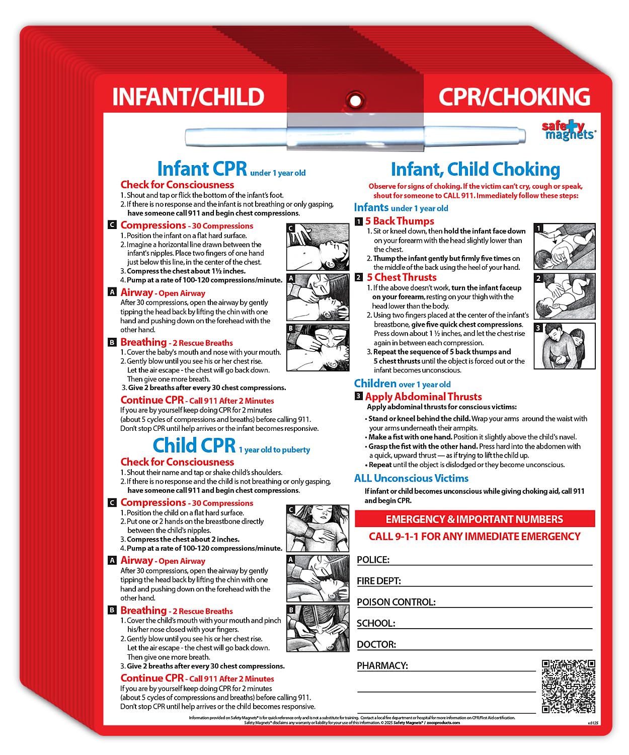 20 Pack Infant & Child CPR Choking First Aid Magnets - Laminated Emergency Quick Reference Cards with Marker (8.5x11 in) - Perfect for Daycares, Schools & Home Safety