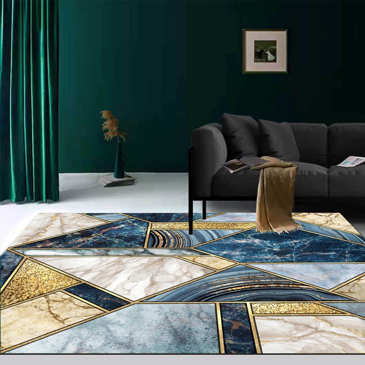 Gold Blue Marble Abstract Modern Area Rug 3x8 - Geometric Non-Shedding Runner Rug for Living Room, Dining Room, Bedroom & Home Office - Soft Thick Washable Carpet - Perfect for Boho Decor, Mid-Century Modern Spaces & Cozy Home Accents