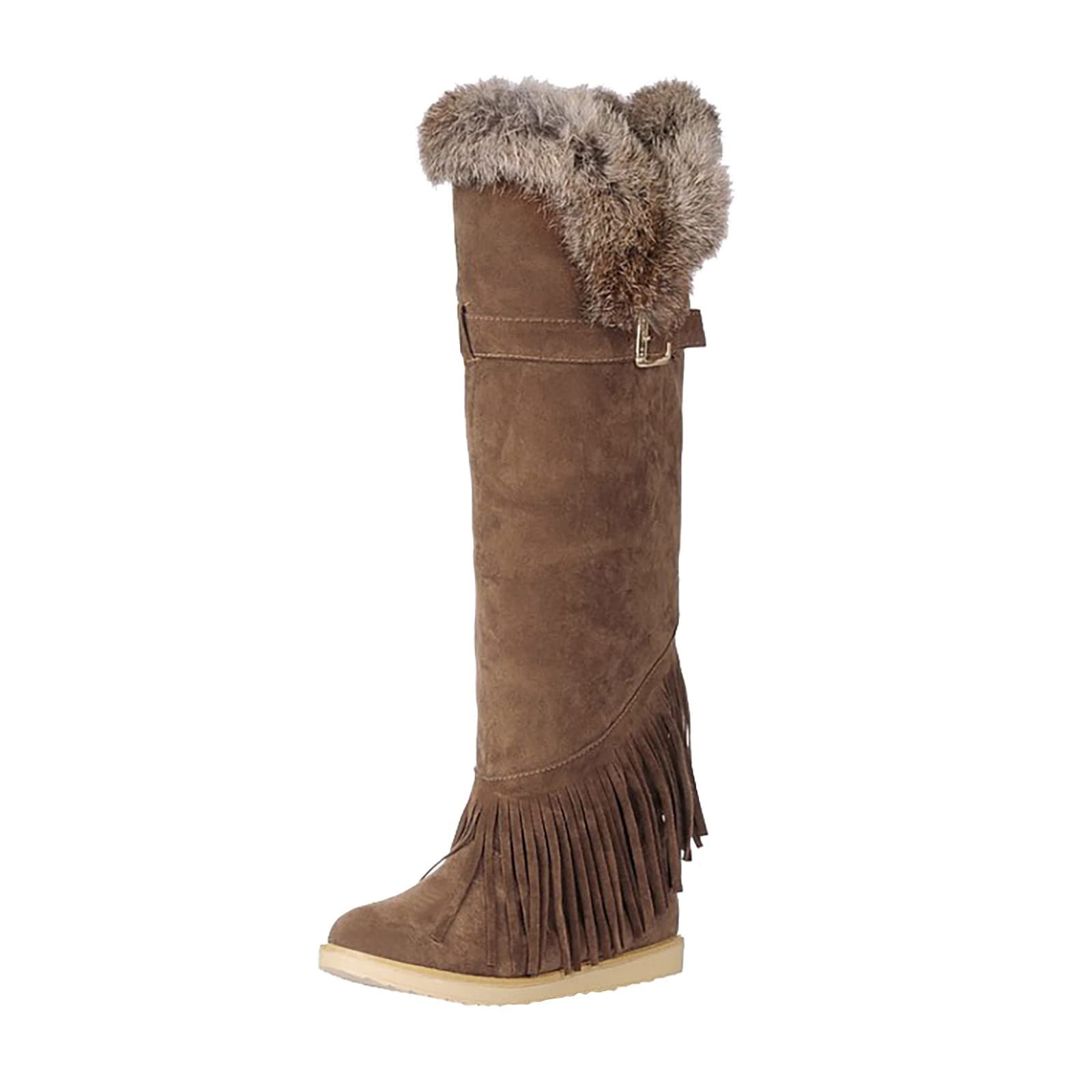 Retro Women's Fringed Suede Boots - Low Heel Knee High Plush Flat Boots for Fall Fashion & Vintage Outfits