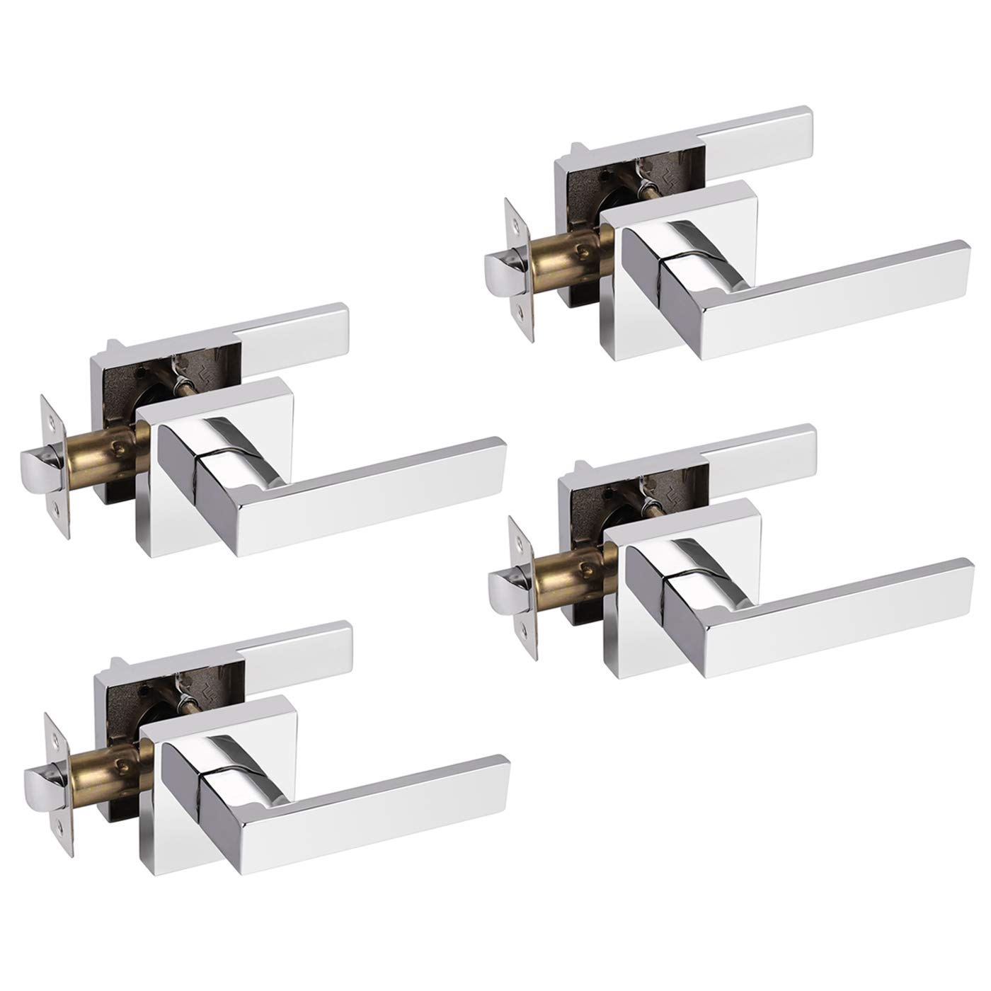 Gobrico 4 Pack Square Closet & Hall Door Levers - Bright Chrome Passage Door Locks - Interior Door Handles Hardware for Bedroom, Bathroom & Office Doors