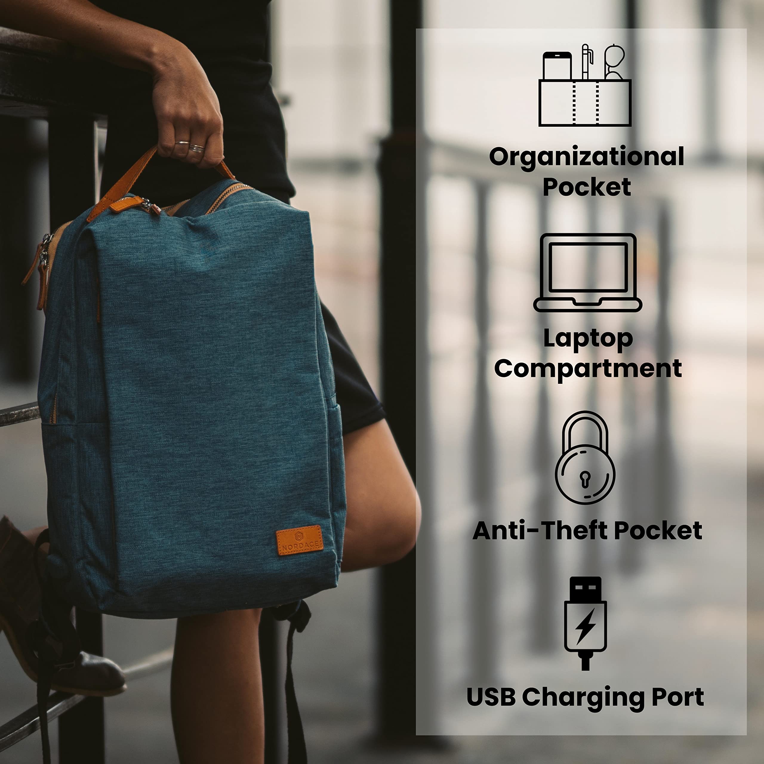Nordace Siena Smart Backpack with USB Charging Port - 15.6 Inch Laptop Backpack for Men & Women, 19L Lightweight Travel Backpack for Work, Commuting, College & Everyday Use (Blue)
