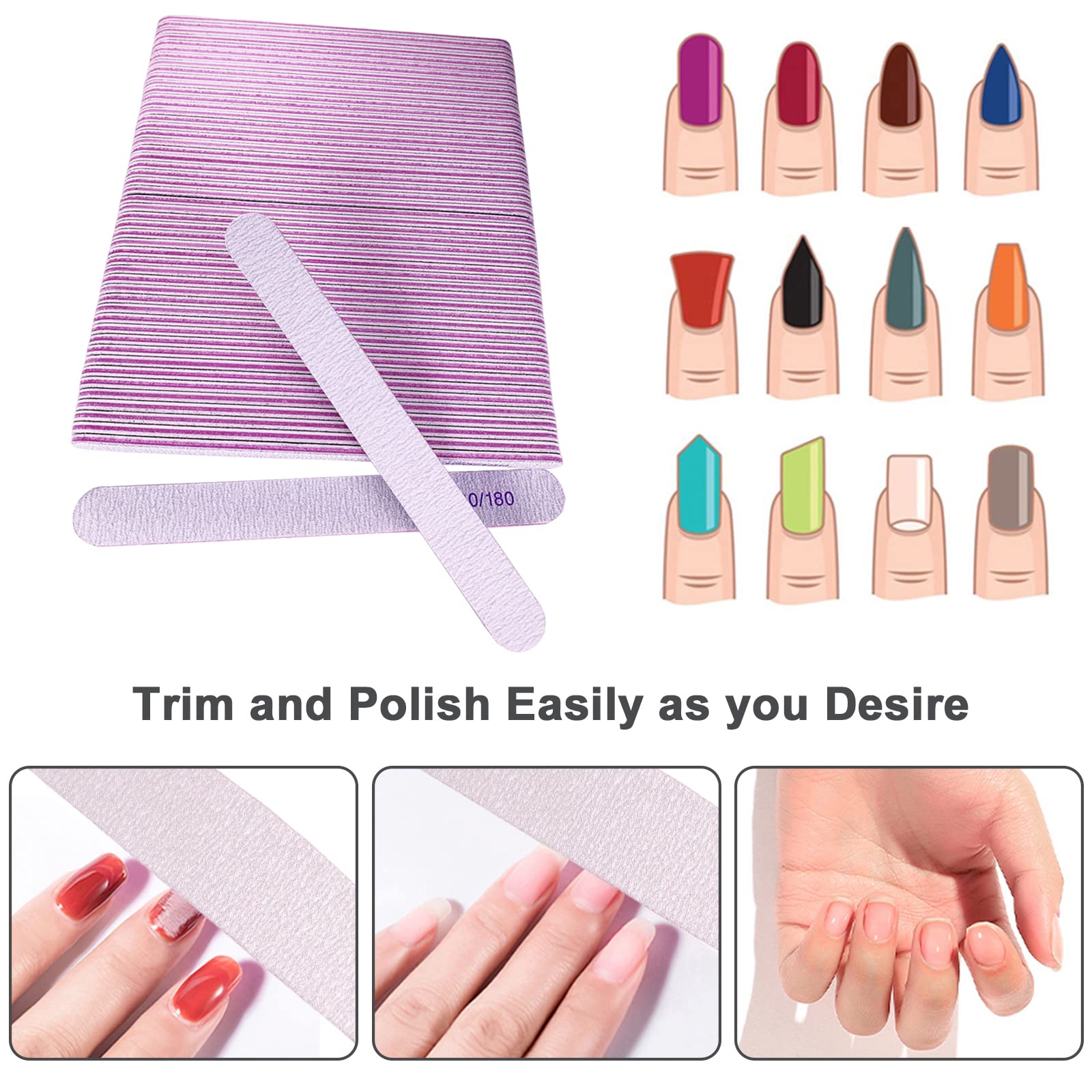 50 Pcs Professional Nail Files Set - 100/180 Grit Double Sided Emery Boards for Acrylic, Natural & Gel Nails - Reusable Washable Manicure Pedicure Kit (Gray) - Perfect for Home Salon, Travel & DIY Nail Care
