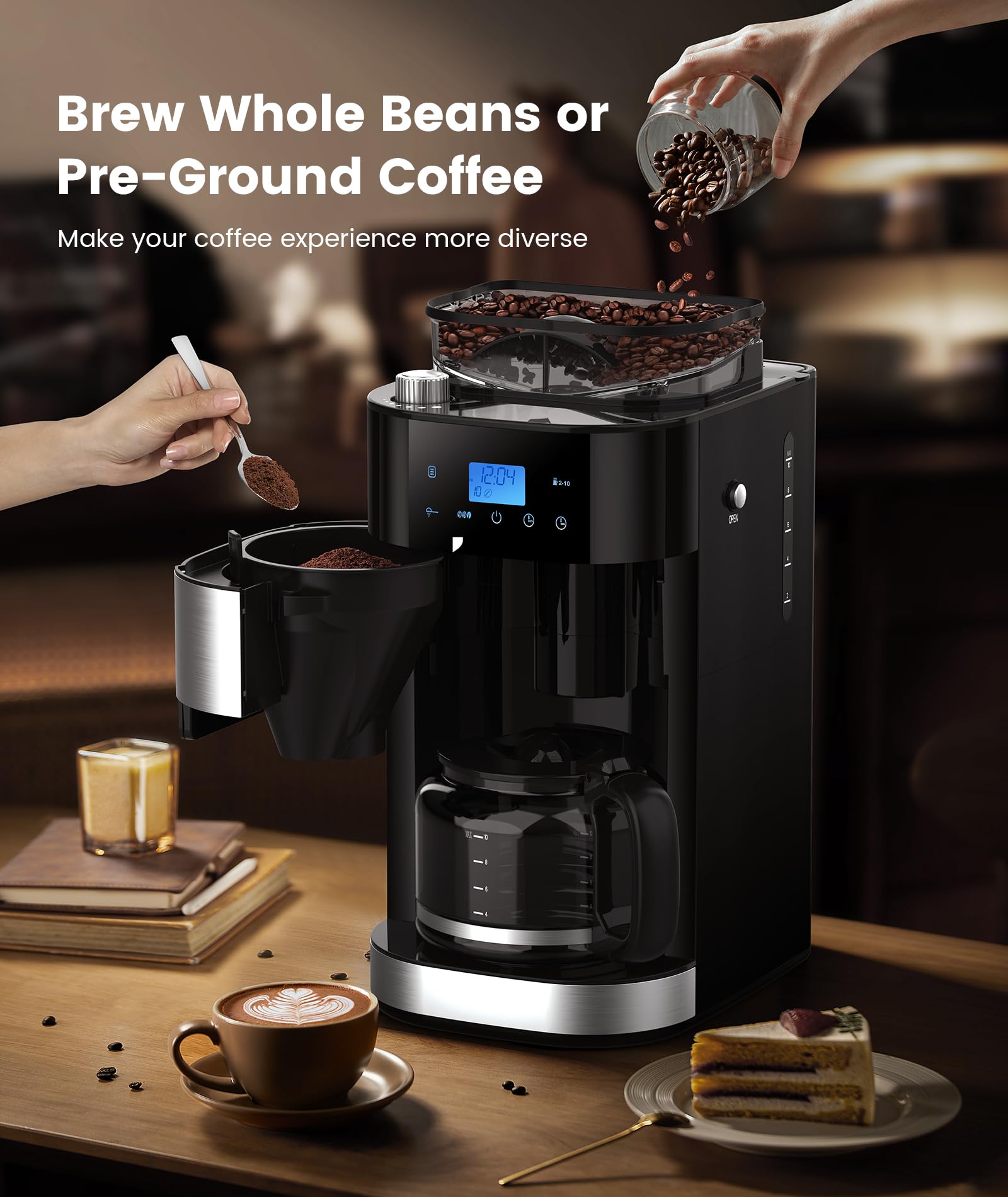 COWSAR 10-Cup Programmable Coffee Maker with Built-In Grinder - Adjustable Grind & Brew, 50oz Water Tank, Keep Warm Plate - Perfect for Home, Office & Daily Morning Routine - Black