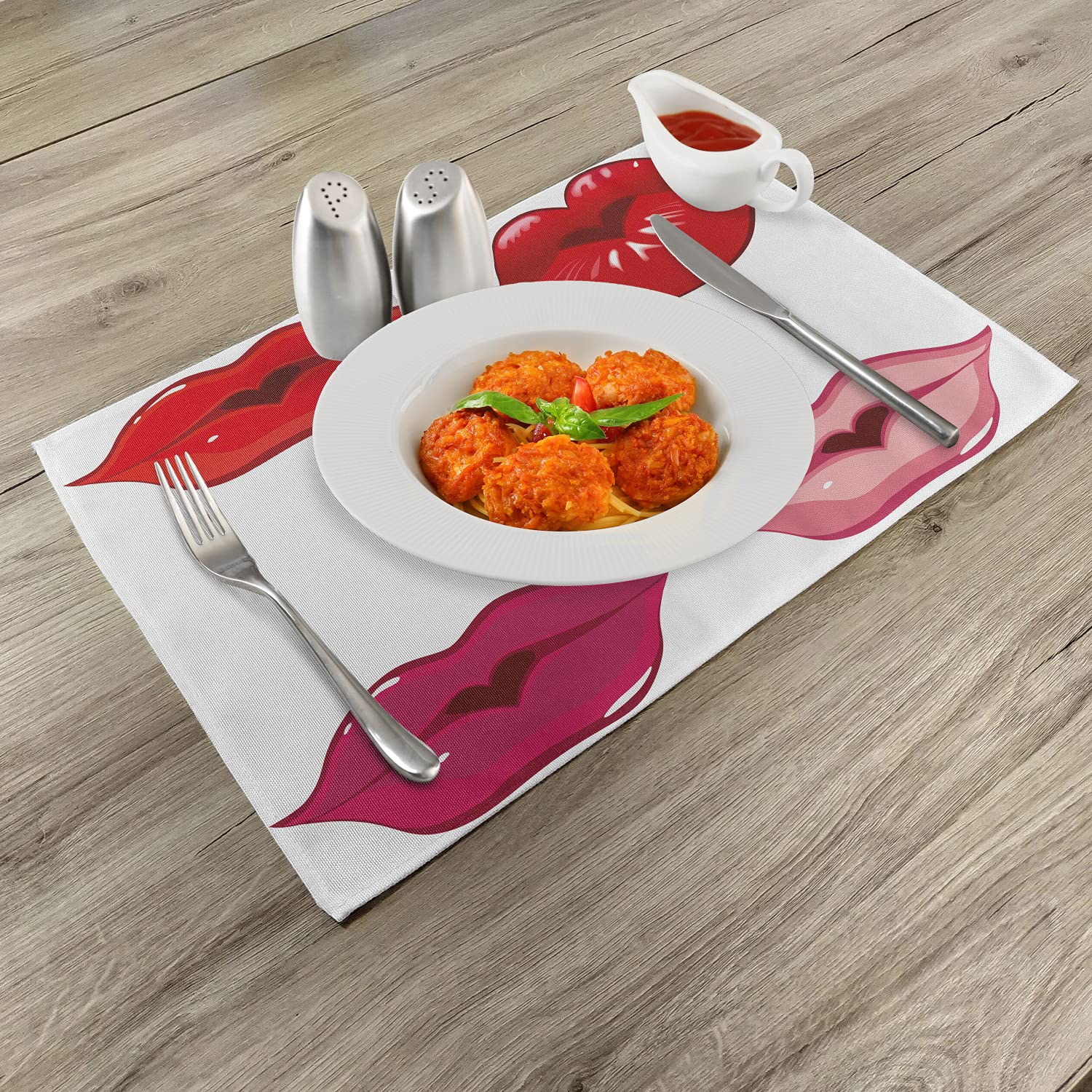 Ambesonne 4-Pack Washable Fabric Placemats for Dining Table - Red & White Kitchen Decor - Perfect for Everyday Meals, Dinner Parties & Holiday Gatherings