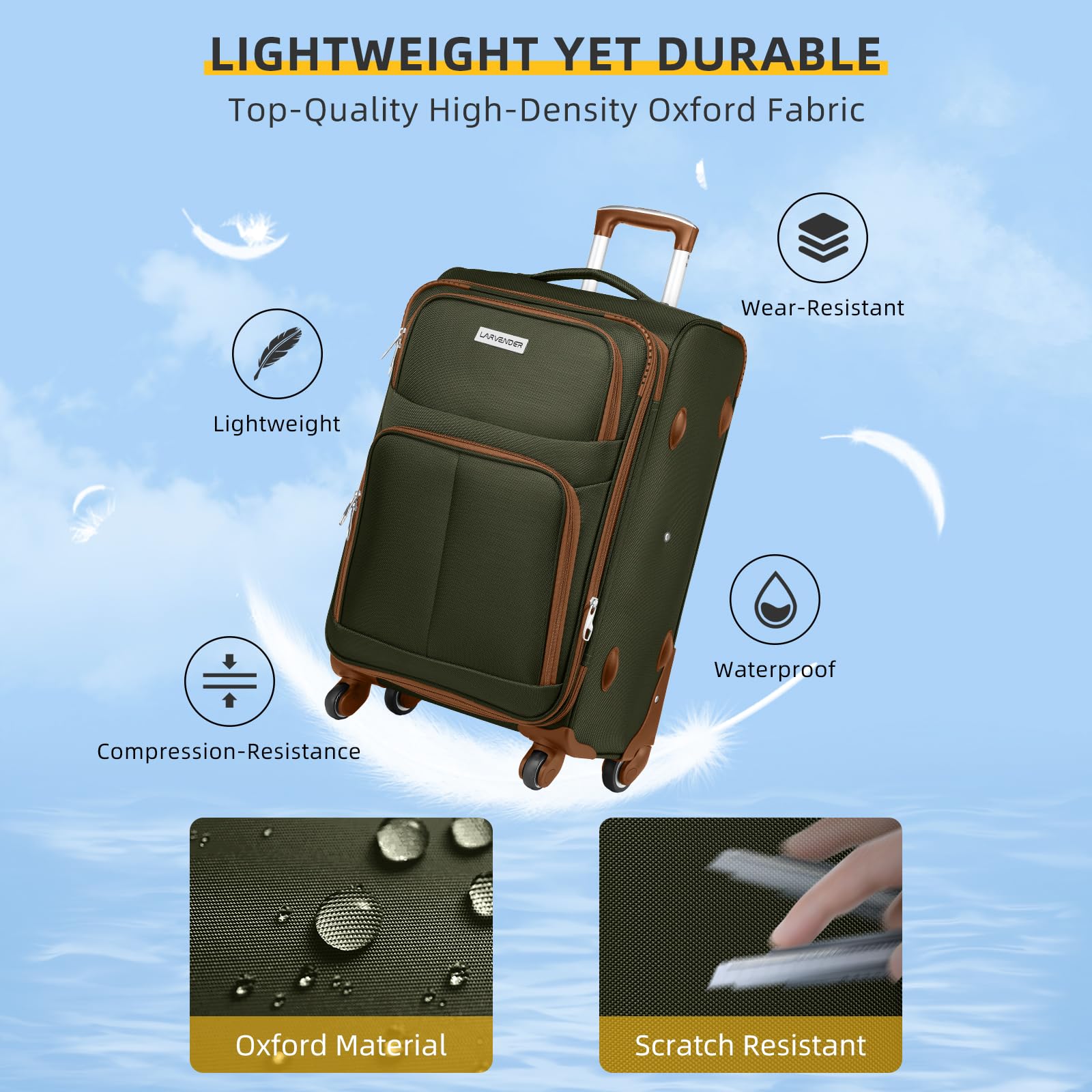 5-Piece Lavender Softside Expandable Luggage Set with Spinner Wheels & TSA Lock - Lightweight Rolling Suitcase for Travel - Green & Brown Soft Shell Carry-On for Men & Women - Perfect for Family Vacations, Business Trips & International Travel