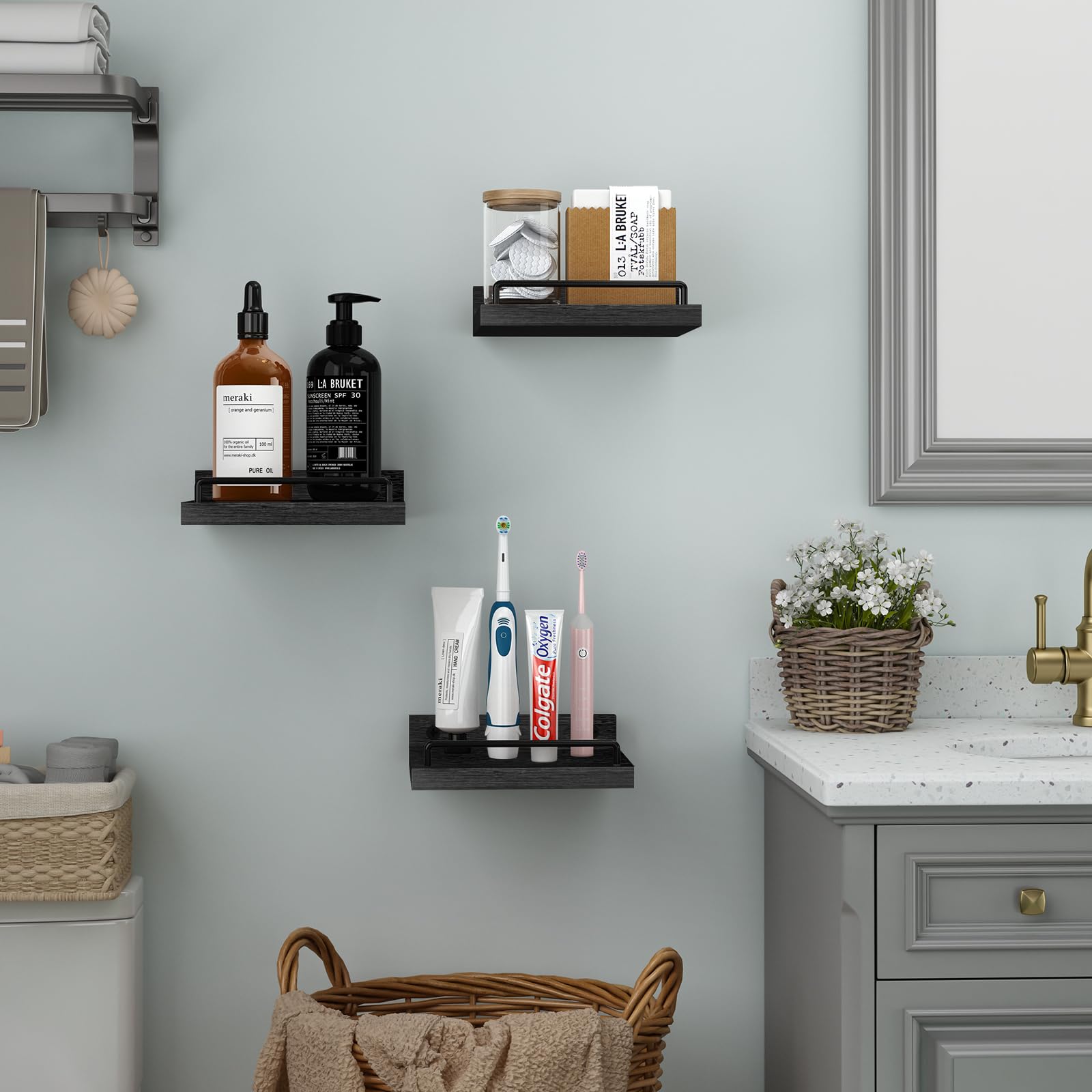 6 x 6 Inch Small Floating Shelf Set of 3 - Rustic Farmhouse Wall Shelves for Living Room, Bedroom, Kitchen - Perfect for Picture Frames, Plants, Decor & Storage - Black Wall Mounted Shelves for Home Organization
