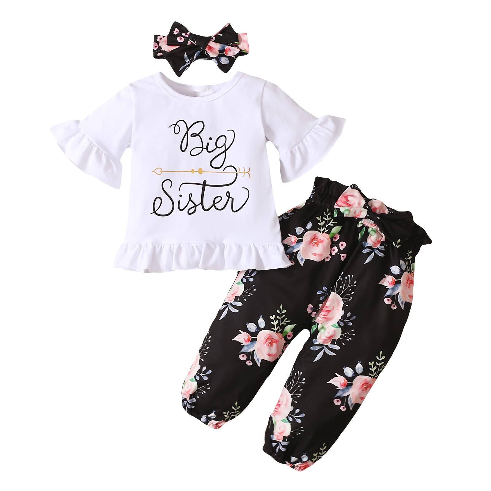 DERCLIVE Matching Sister Outfits - Floral Ruffle Shirt & Romper Pants Set with Headband for Big Sister & Little Sister | Cute Matching Clothes for Family Photos, Sibling Bonding & Special Occasions