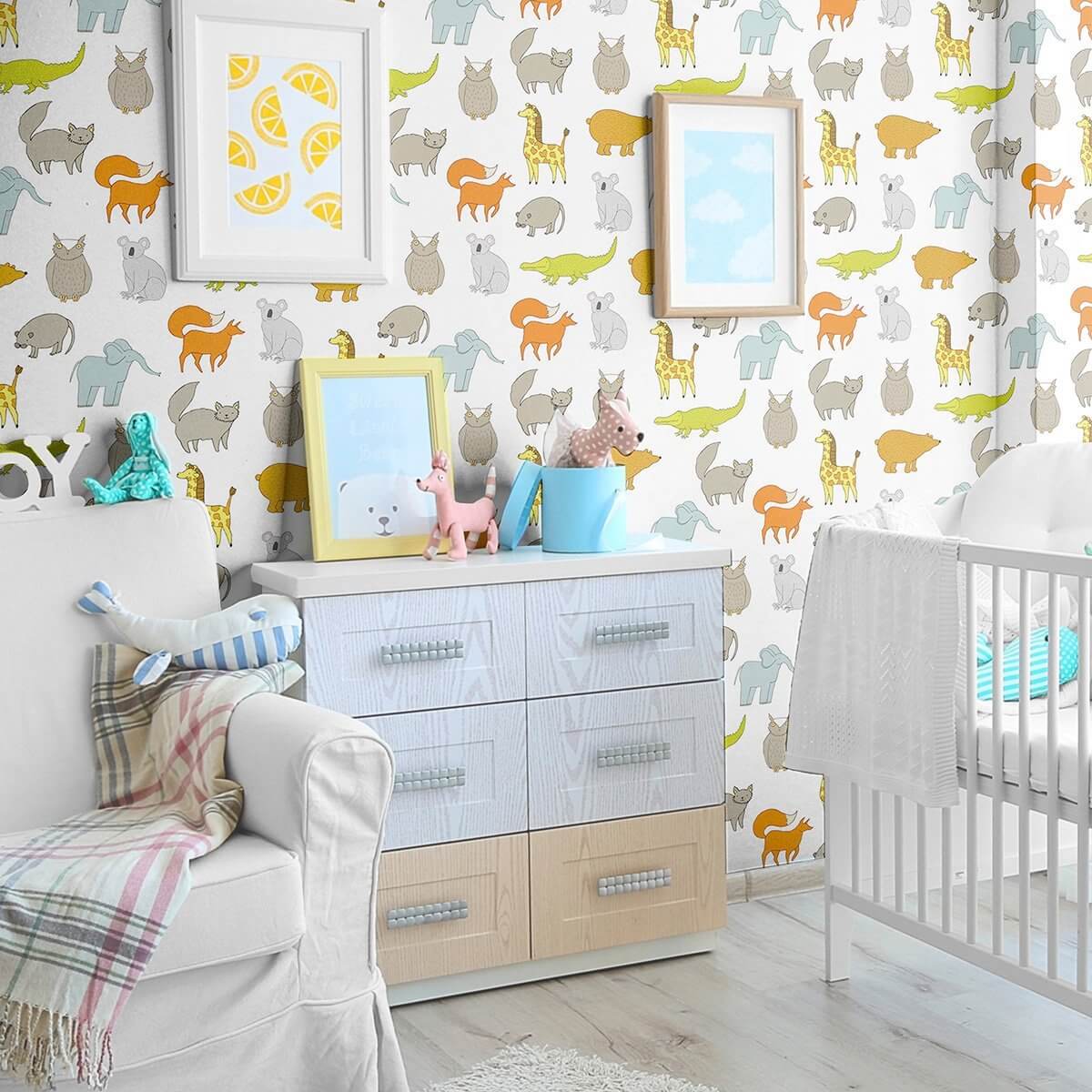 White and Tan Animals Baby Peel and Stick Removable Wallpaper - Self-Adhesive Nursery Decor for Kids Room, Bedroom, Playroom, Daycare - Easy to Apply & Remove